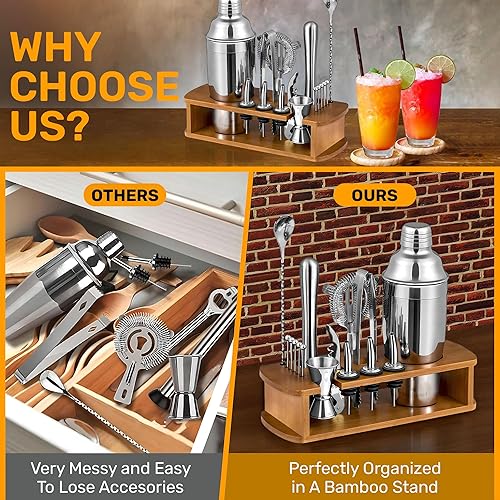 Miniatura 5 de Kit de camarero de 16 piezas con soporte de bambú  Juego de coctelera Herramientas esenciales para bar, coctelera de vino, filtro de hielo, cuchara