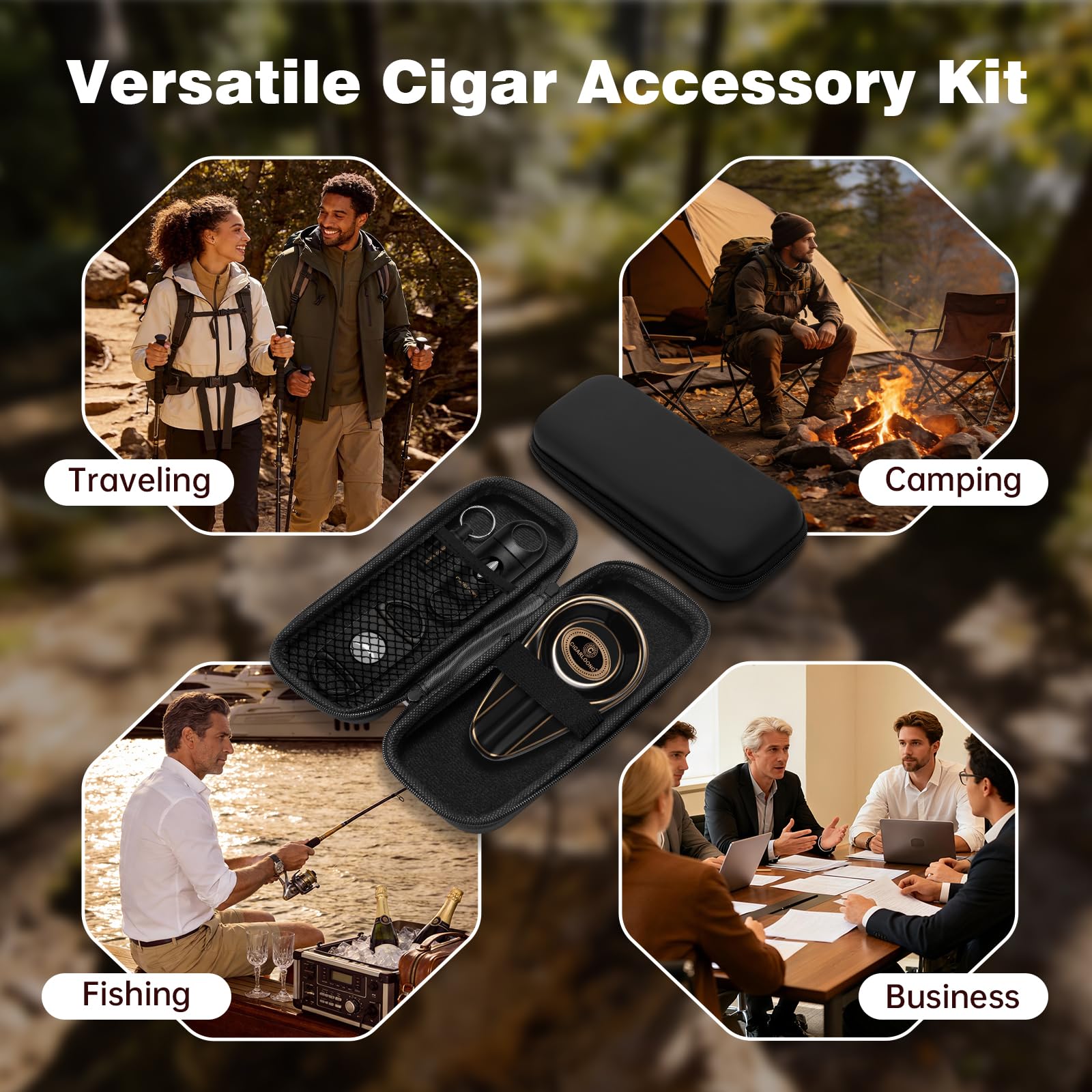 Cave à cigares de voyage - Multifonction - Portable - Avec cutter droit, coupe-V, perforateur et cendrier en céramique - Kit 4 en 1 avec sac pour terrasse, extérieur (marron)