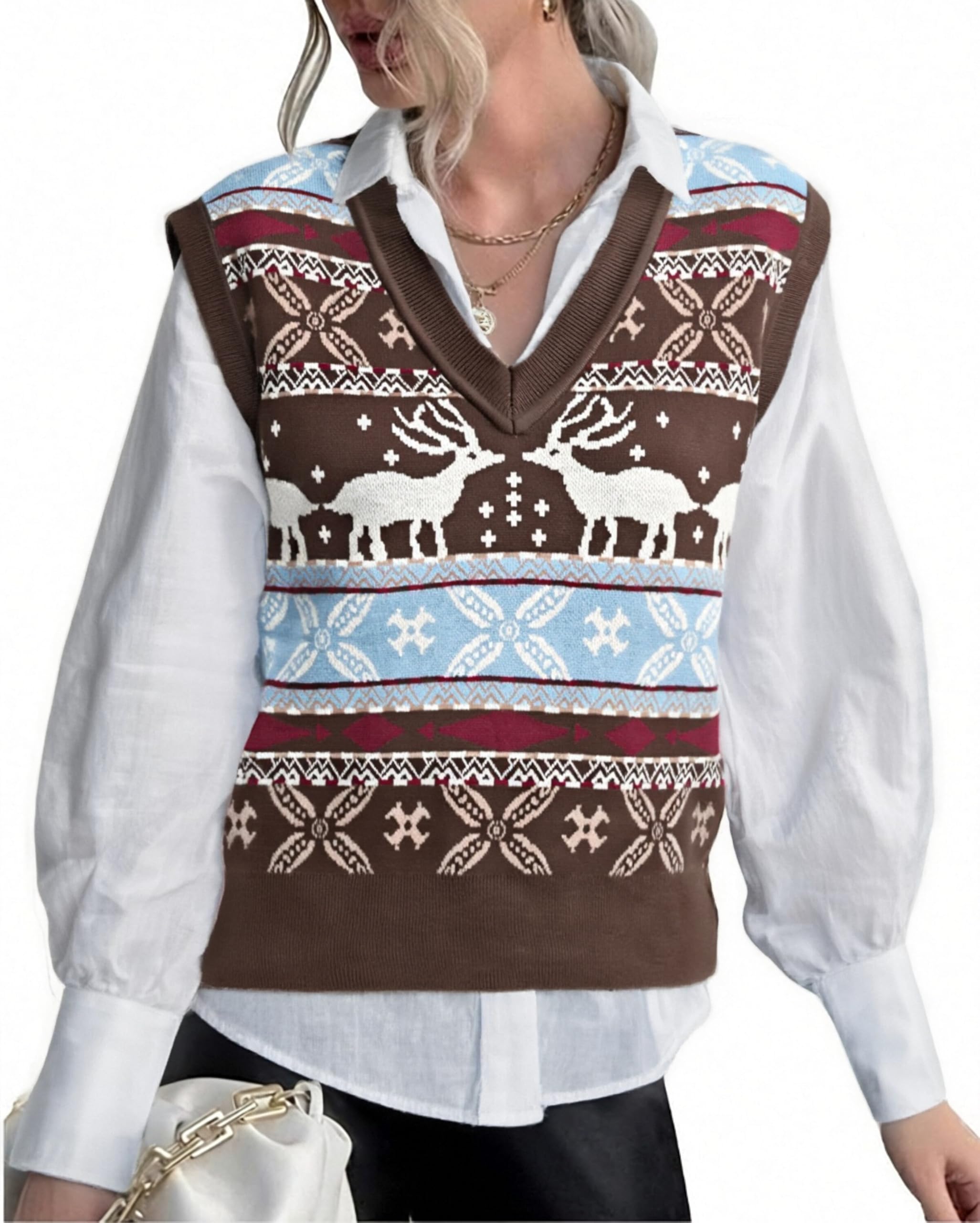 JULYCLO Christmas Sweater Vest Women Ugly Xmas Reindeer Knit Sweaters Casual Santa Snowflake V Neck Sleeveless Outwear Tops