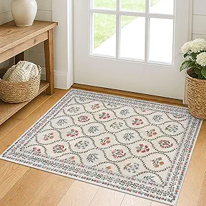 KILOCOCO 2x3 Small Area Rug, Moroccan Super Soft Entryway Rugs Indoor Vintage Washable Rug Non-Slip Indoor Door Mat, Accent Print Faux Wool Throw Rug for Laundry Kitchen Bedroom Entrance, Ivory