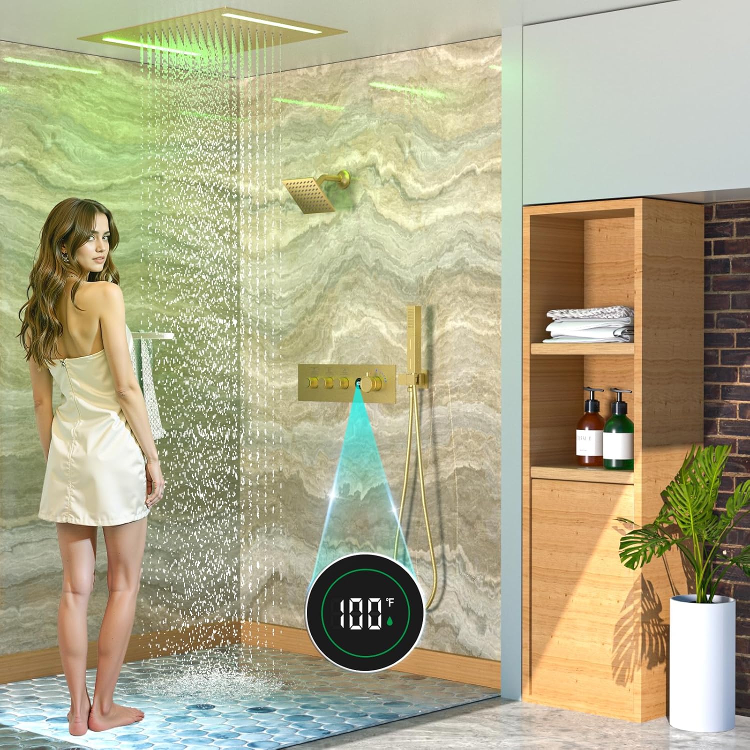 Enga 20 X 14 Inch LED Dual Shower Head System, Temperature-Display Thermostatic Shower Valve, 6 Inch Wall Mounted Rain Shower Head with 2 Settings Handheld Spray, Brushed Gold