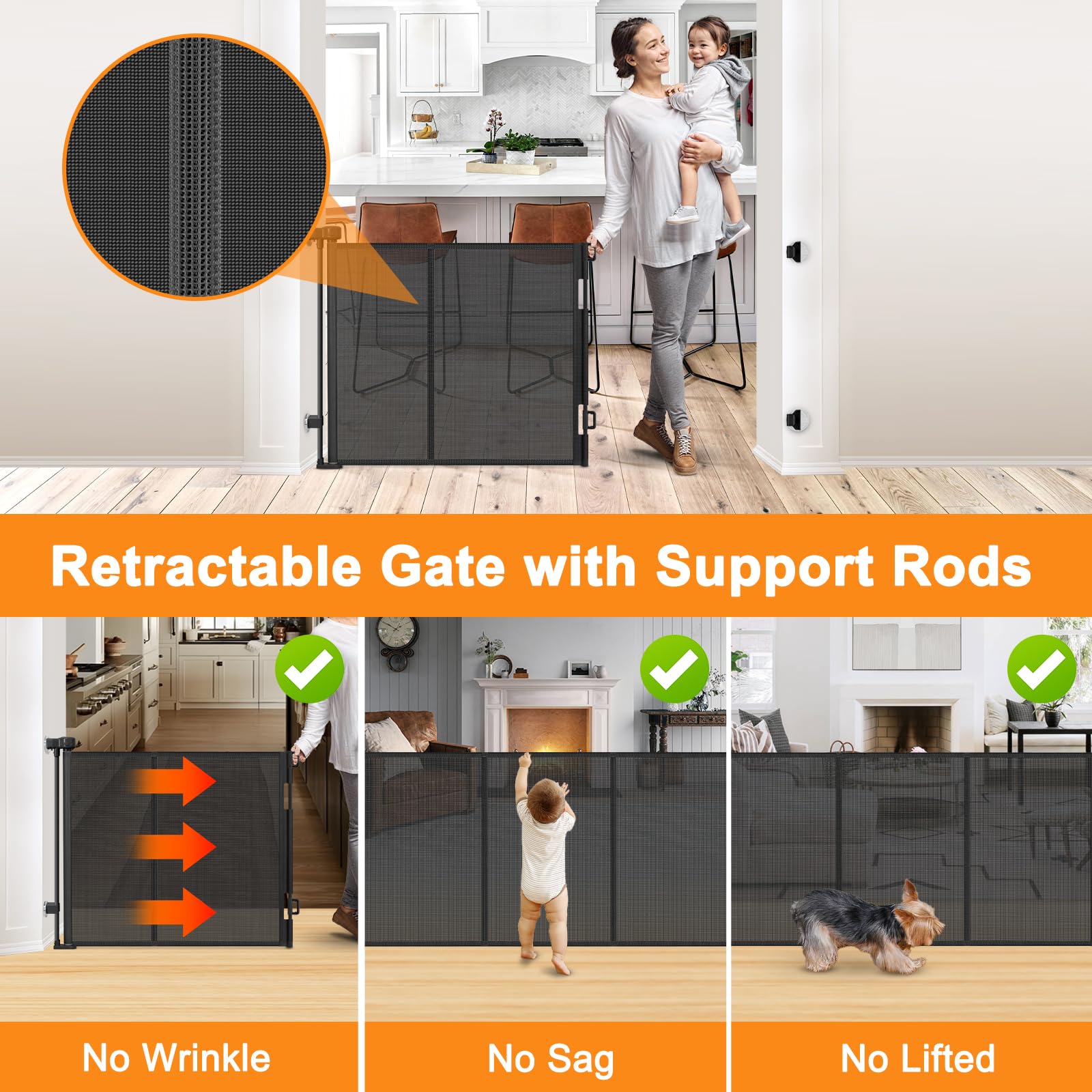 Reinforced No Drill Retractable Pet Gates for Doorways No Drilling Retractable Dog Gate with Support Rods to Prevent Crawling Underneath, 55” Wide Retractable Baby Gate No Drill Retractable Mesh Gates