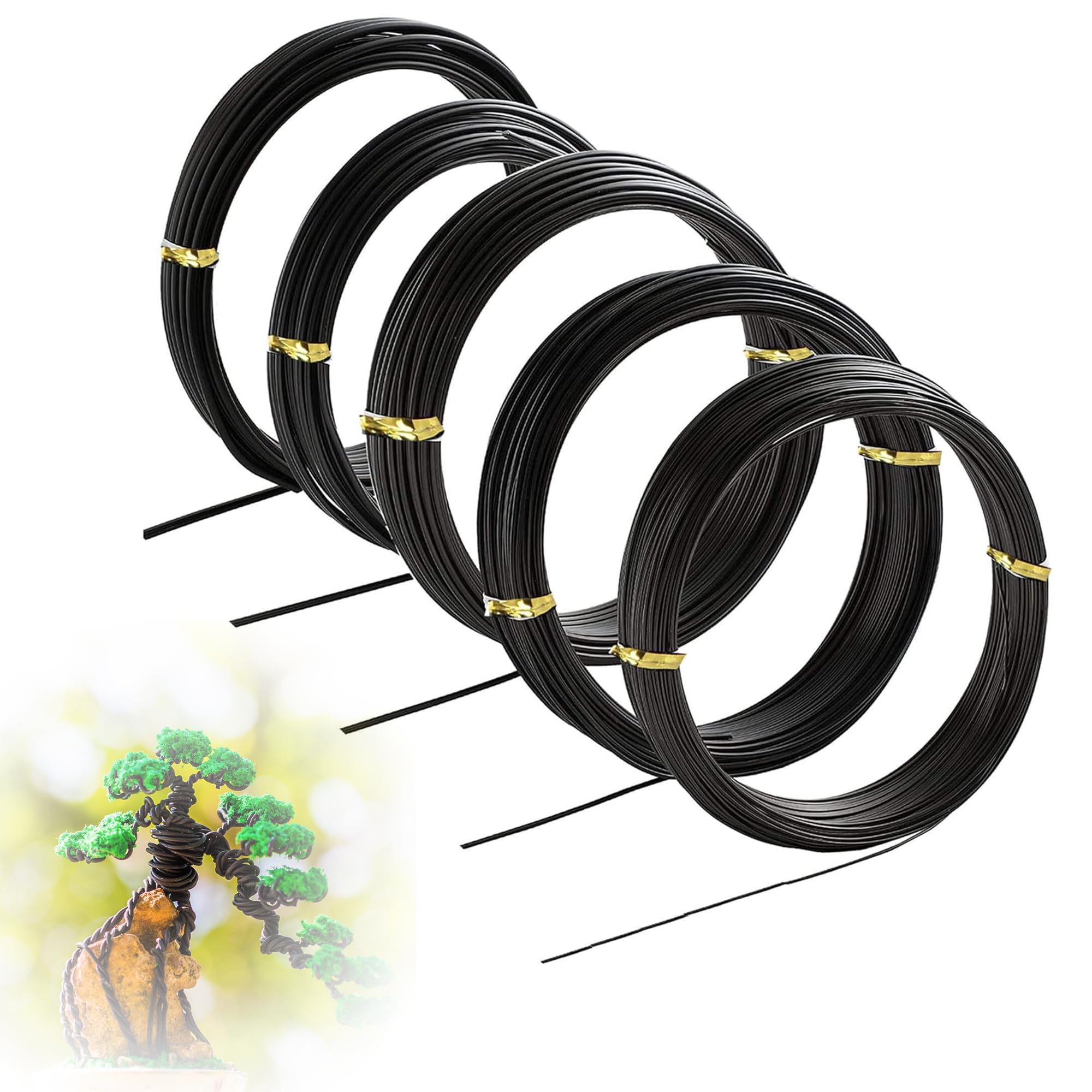 Filo Bonsai|Alluminio Anodizzato Filo per Bonsai 5-Formati Set di Avviamento - 1,0mm, 1,5mm, 2,0mm, 2,5mm, 3,0mm (5 Formati, 50 Metri Totale,Nero)