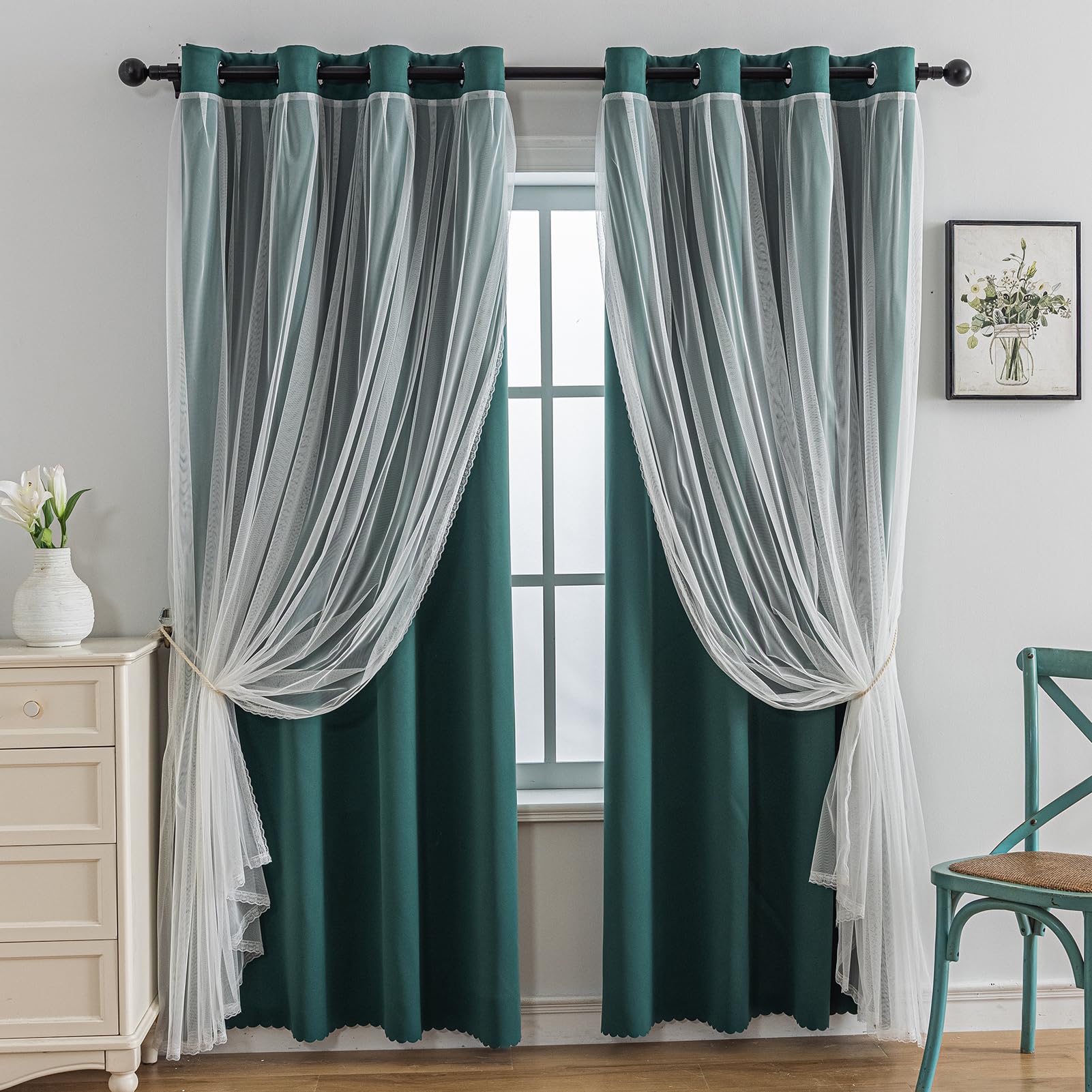 Anytime Home Curtains Blackout and Sheer Layered Solid Window Curtain Panel Pair with Grommet Top, 52Wx63L,Dark Green