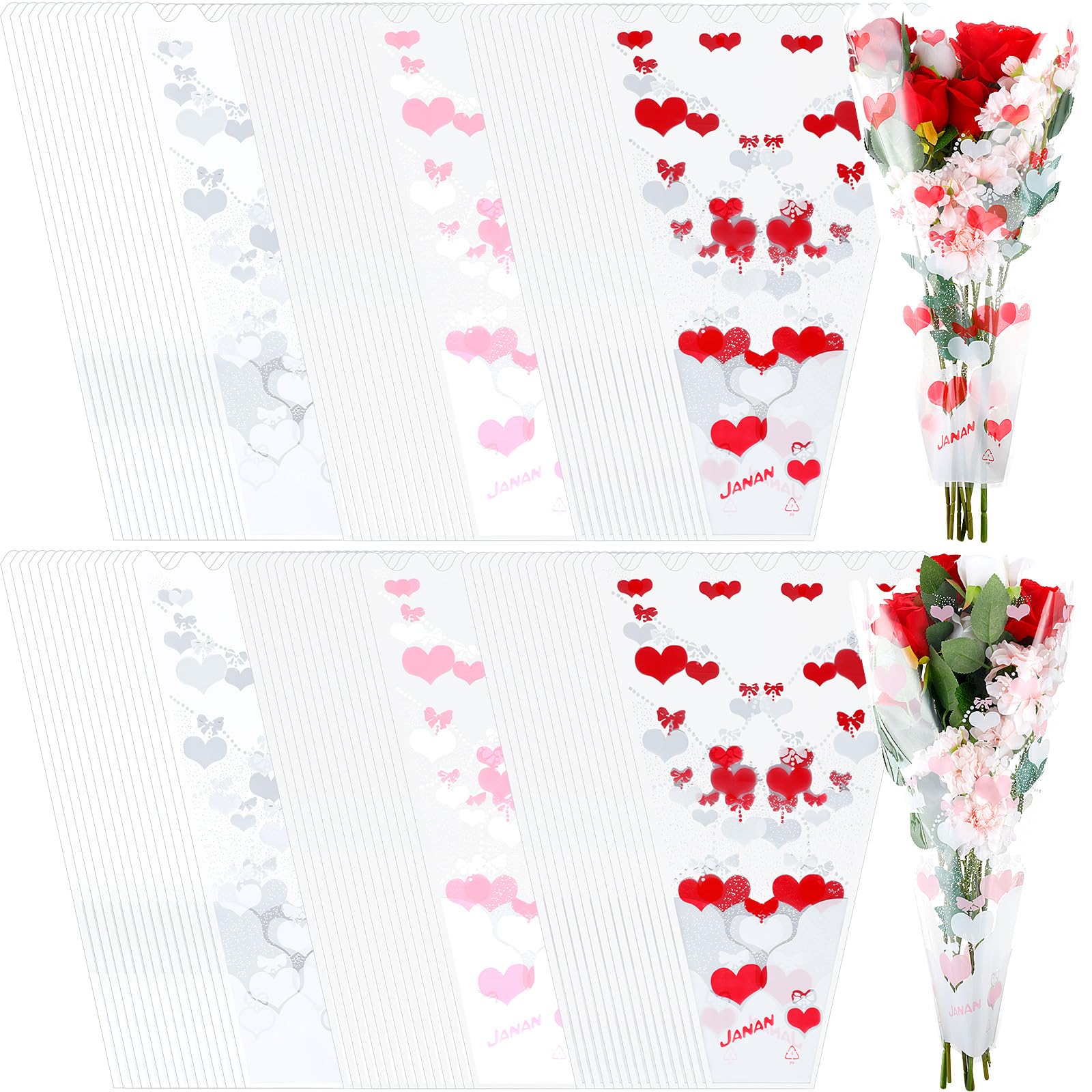 Sayglossy 300 Pcs Valentine's Day Flower Bags for Bouquets Pink White Blue Heart Single Rose Wrap Floral Bags for Arrangement Wedding Anniversary, 3.5