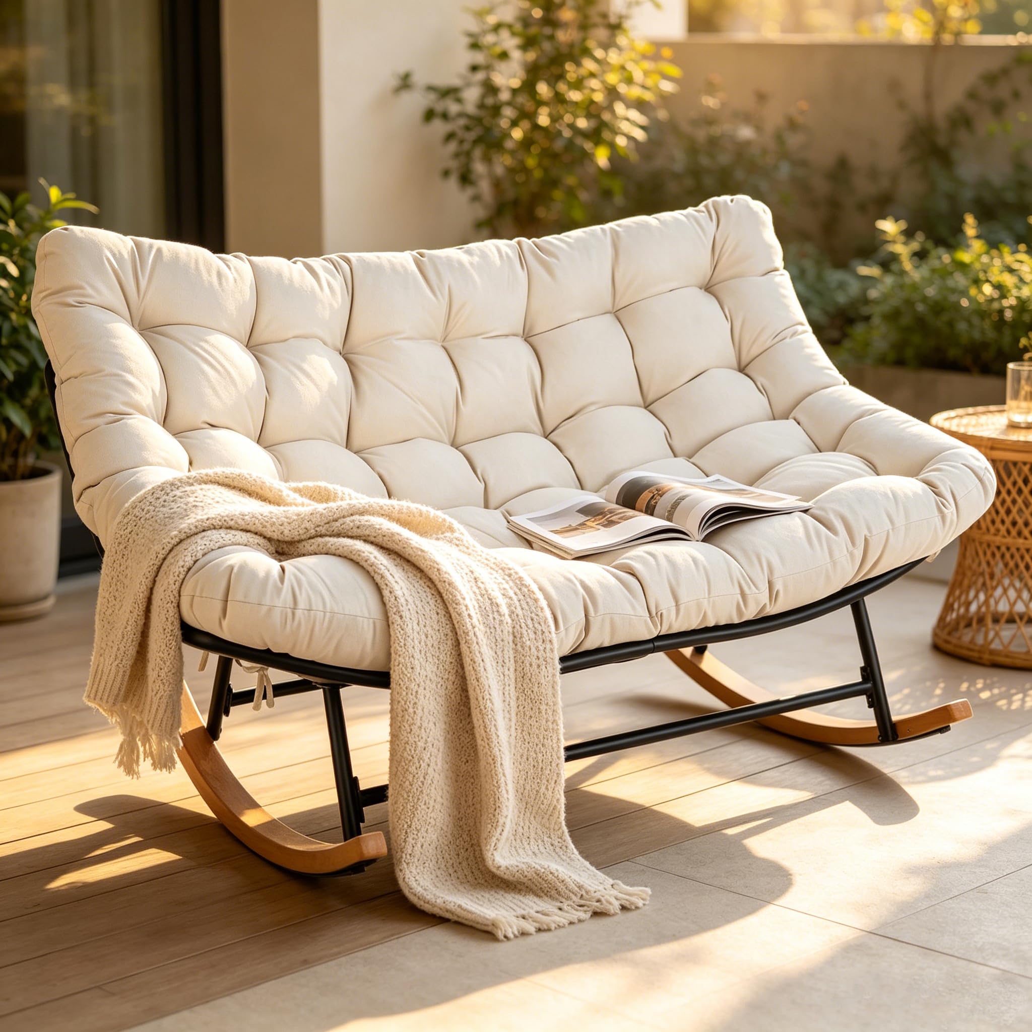 GIANTEX Schaukelstuhl für 2 Personen, XXL Schwingsessel (Beige) | mit dickem Kissen & ergonomischer Rückenlehne, Ei-förmiger Stillstuhl, für Wohnzimmer, Balkon & Garten, Tragfähigkeit 320 kg
