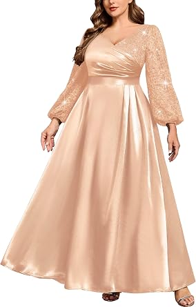 MISSMAY Womens Plus Size Sequins Lace Contrast Satin Wrap V-Neck Long Lantern Sleeve A-line Formal Maxi Dress