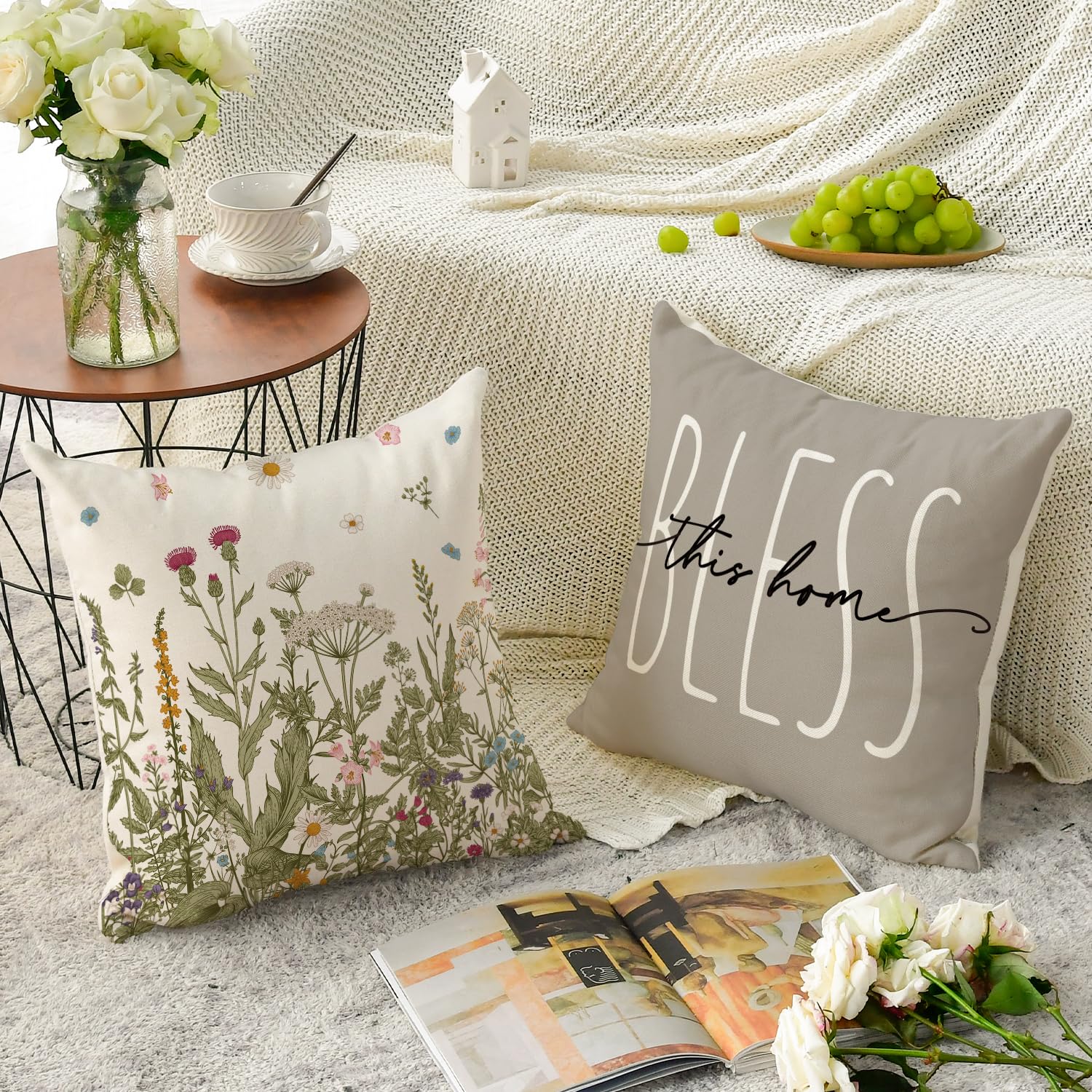 Artoid Mode Set van 4 decoratieve kussenslopen met vlinders, tulpen, vlinders, 45 x 45 cm, voor bank, decoratie