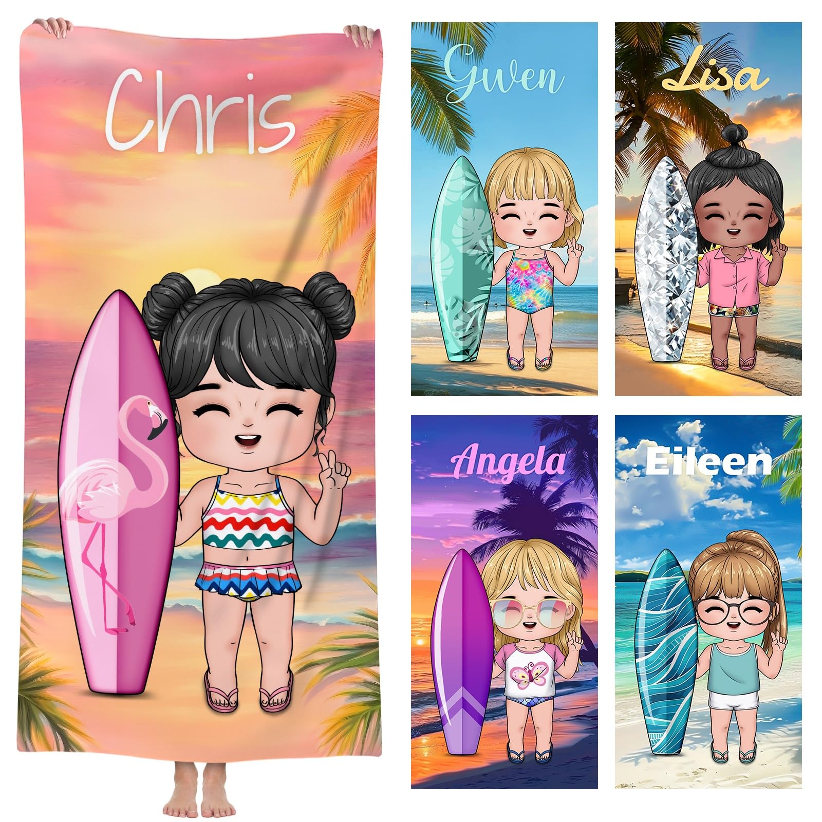 RXLLDOLY Personalised Beach Towel Microfiber, Cartoon Dress Up Bath Towels with Name, Custom Beach Towel for Bestie Couple Family Pool Party Gift (Girl)