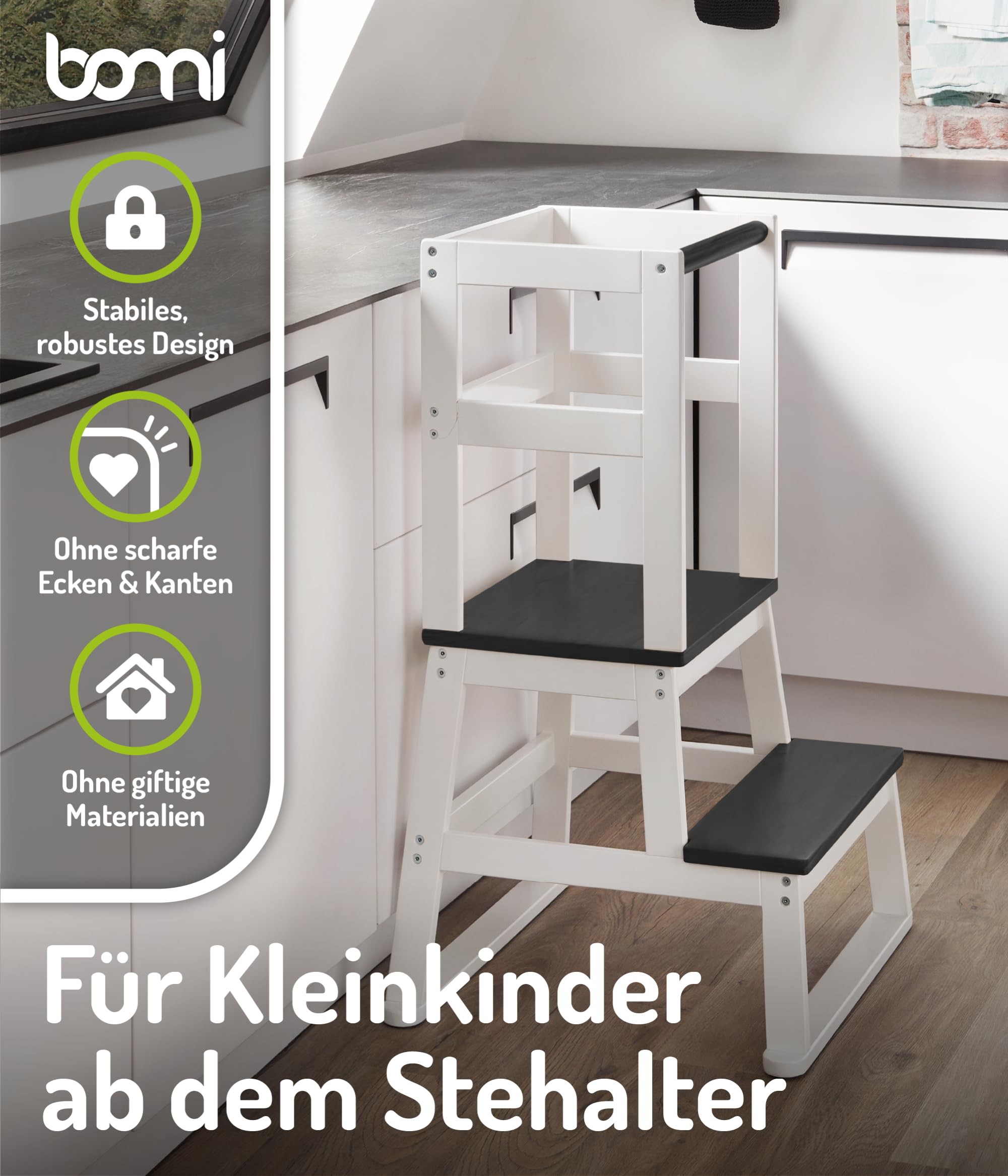 BOMI® Swubi Montessori Lernturm ab 1 Jahr | Sicherer Tritthocker Kinder 2 Stufen | Learning Tower für Kind & Baby aus Holz | Schemel, Lernstuhl als Stehhilfe, Tritthocker Holz, Kinderhocker Weiß Grau