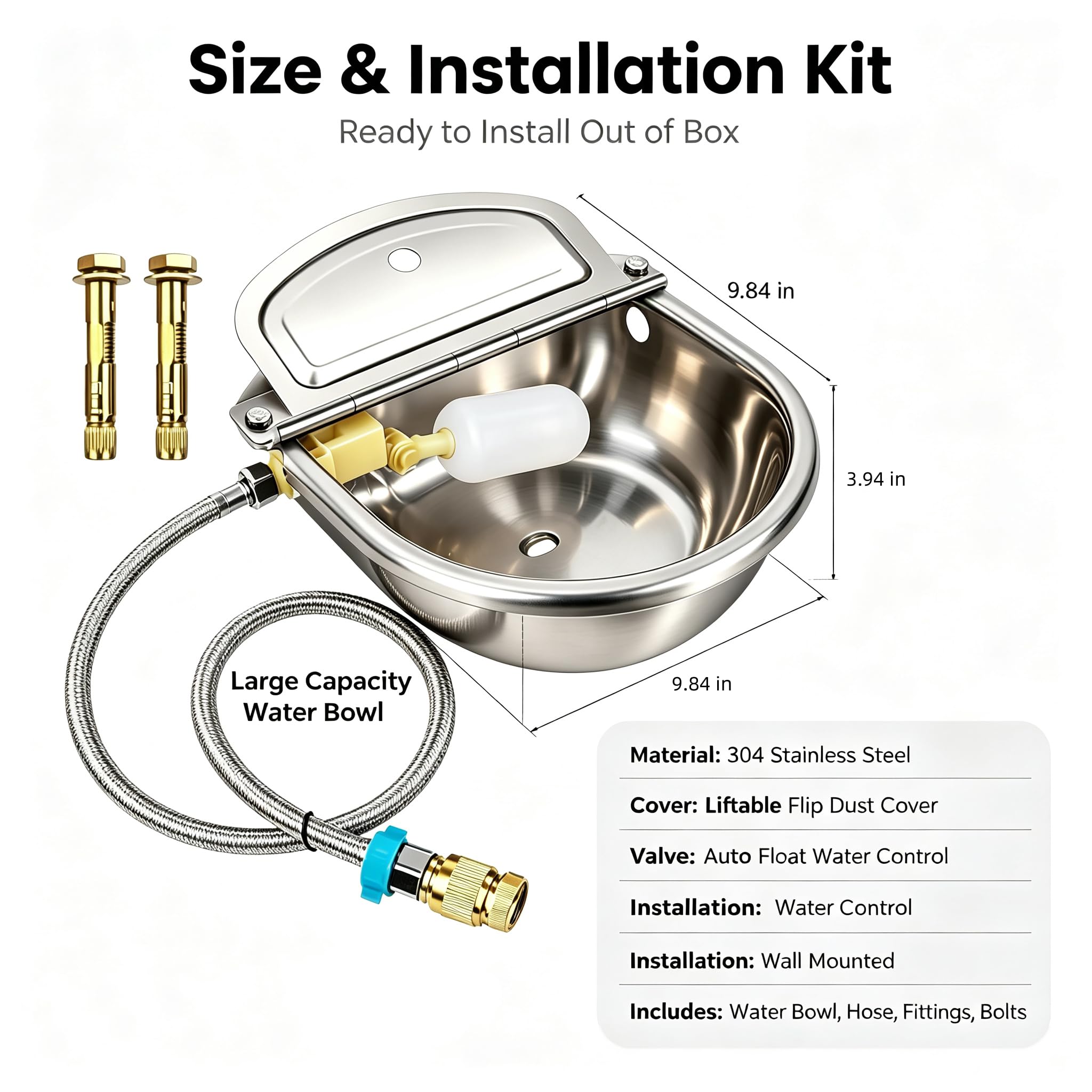 Cuenco automático de agua para ganado de acero inoxidable 304, 9.8 x 9.8 x 3.94 pulgadas, gran capacidad para vacas, caballos, cabras, bebedero flotante automático con cubierta levantable y kit