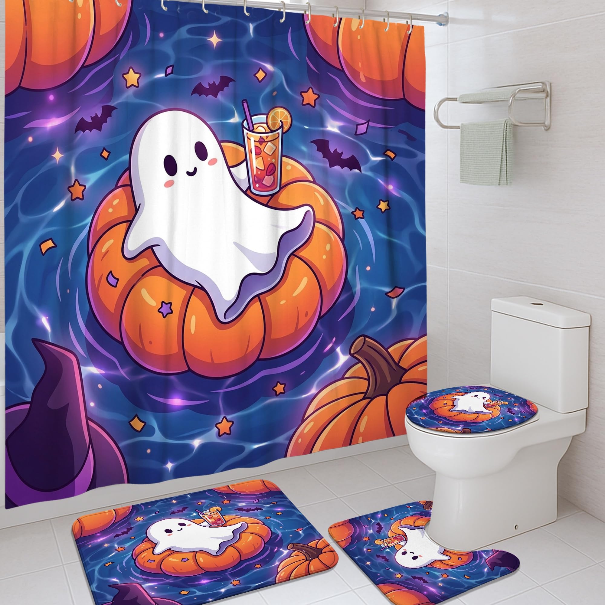 Rideau de douche Halloween pour décorer la salle de bain des invités avec fantômes amusants
