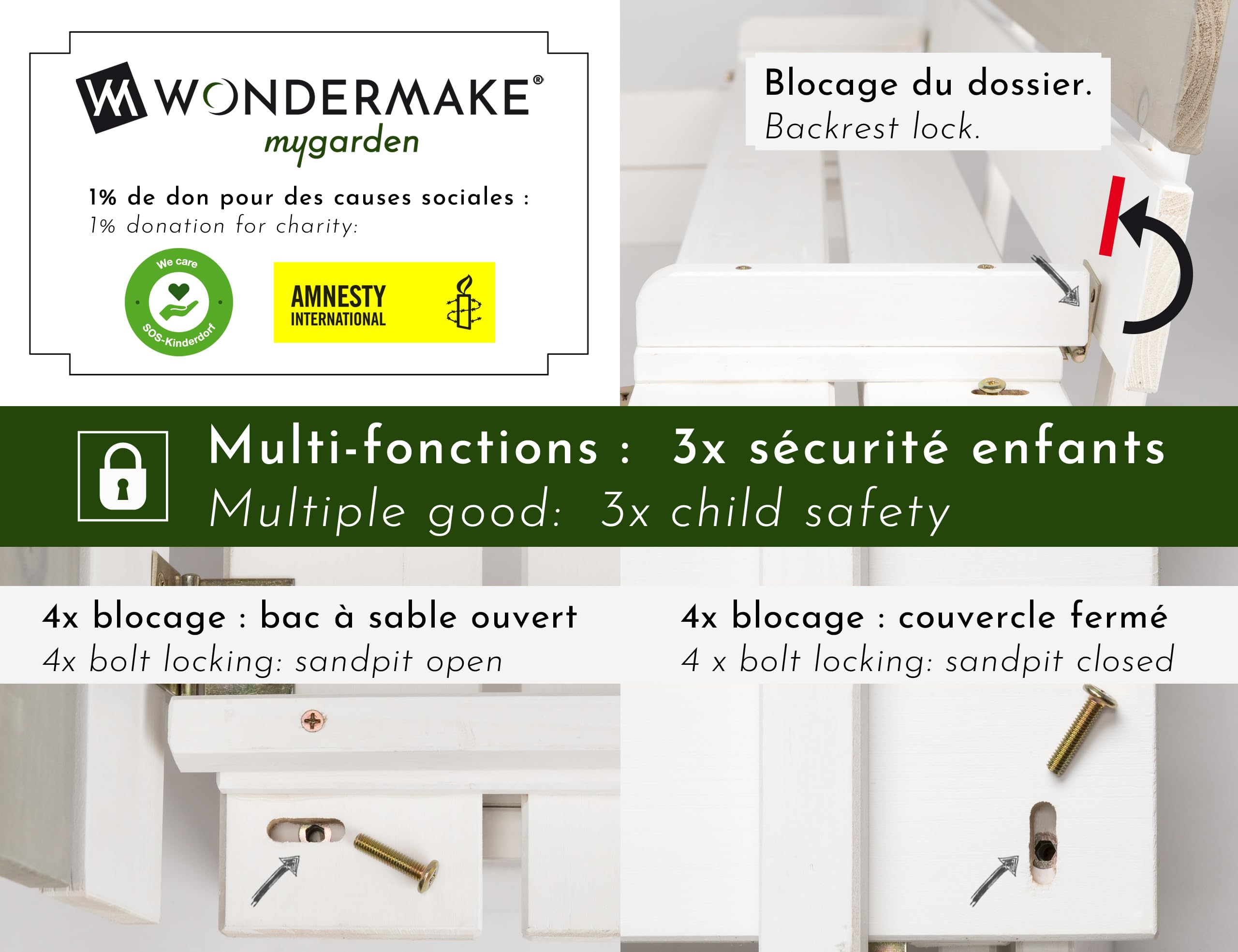 Bac à Sable en Bois avec Couvercle pour Enfants, avec bancs, siège, Sol, carré, rectangulaire extérieur, pour Jardin et Jeux, Blanc Gris