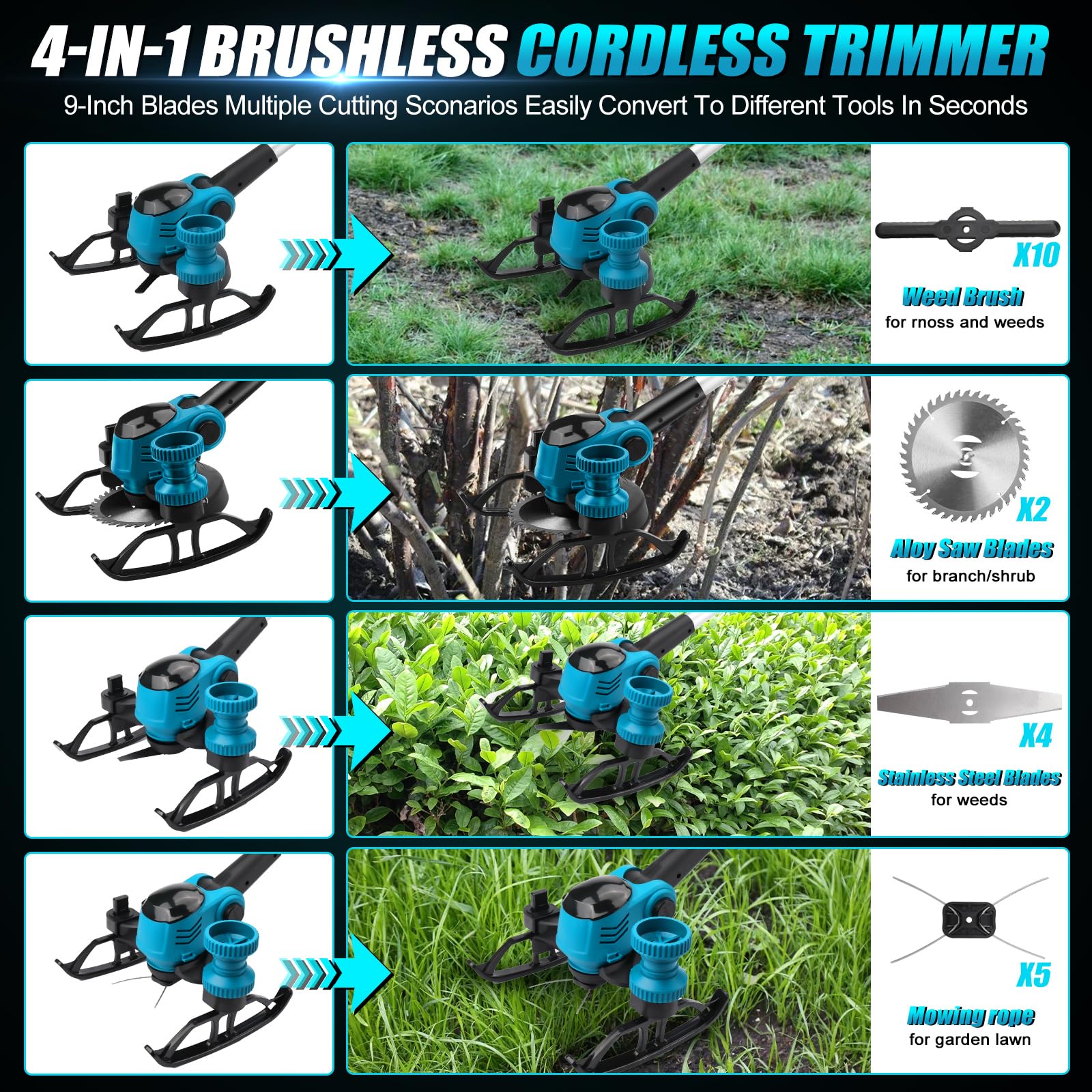 Desbrozadora con batería con 2 baterías de 2000 mAh, compatible con Makita de 18 V, cabezal de malas hierbas y 3 tipos de cuchillas, motor sin escobillas