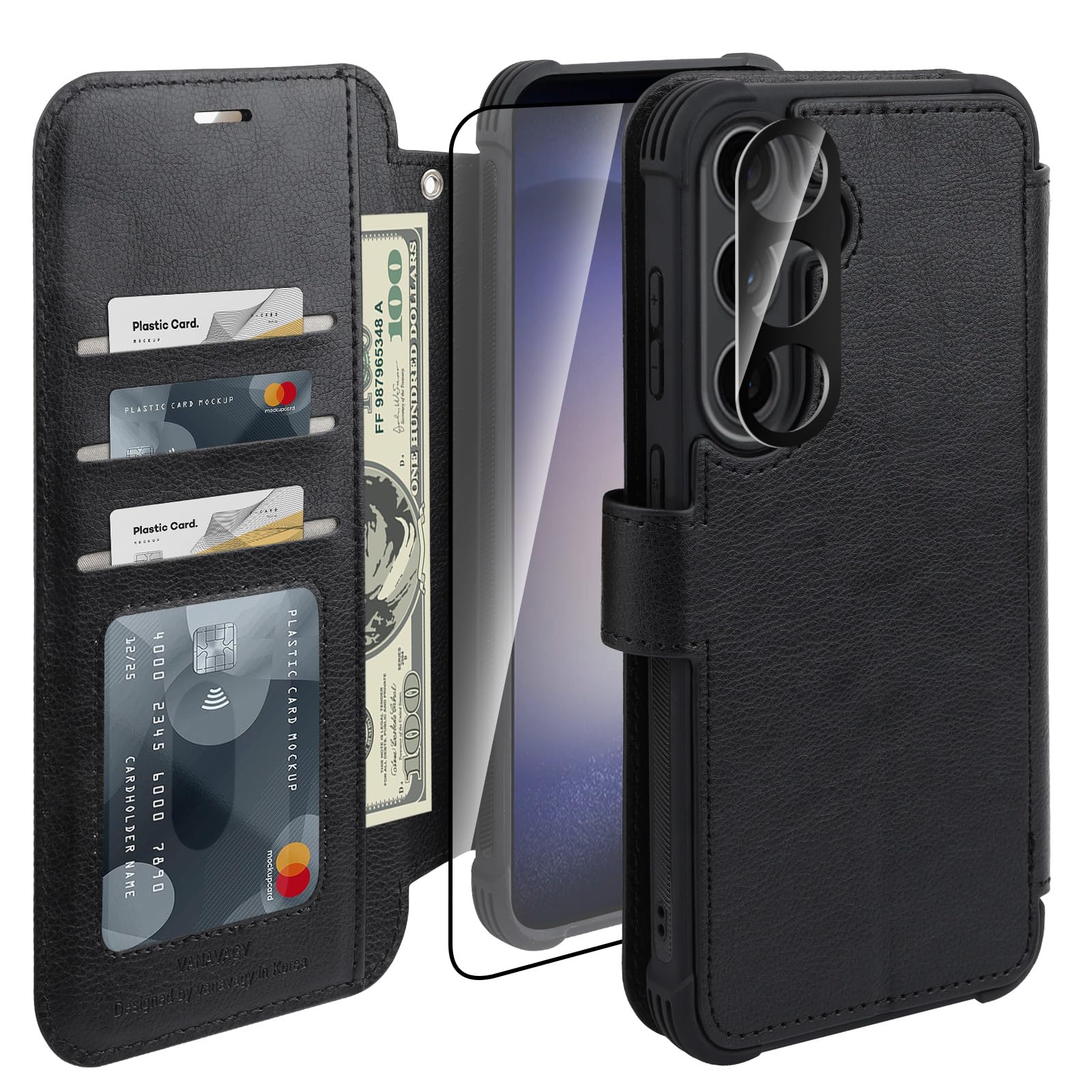VANAVAGY Wallet Case for Galaxy S24+ Plus with RFID Flip Card Holder,[Glass Screen Protectors & Camera Lens Protector] Leather Wrist Strap Supports Wireless Charging Case,Black
