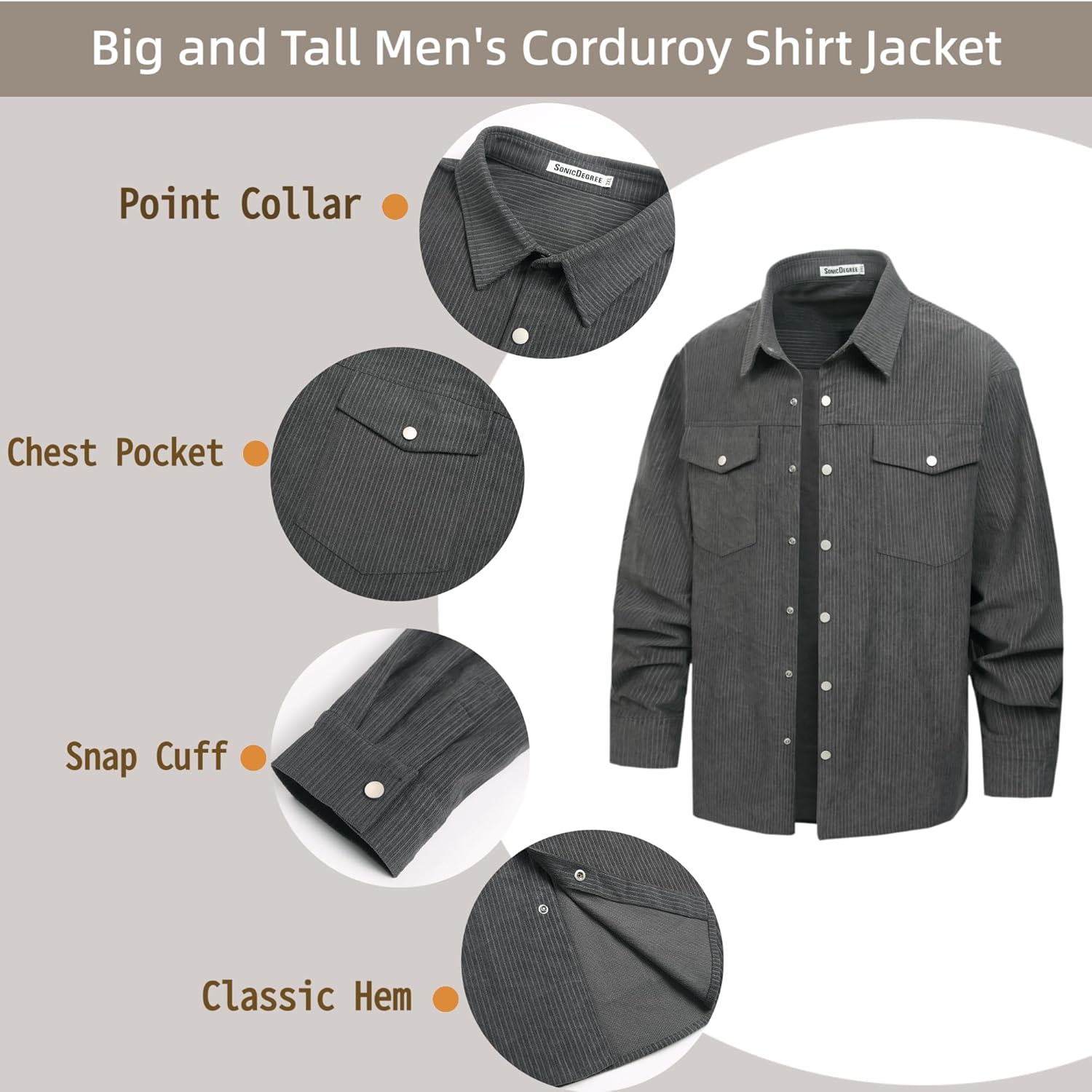 Men's Waffle Corduroy Shirt Jacket Big and Tall Shacket Button Down Textured Overshirt with Flap Pockets, 3XL-8XL - Image 4