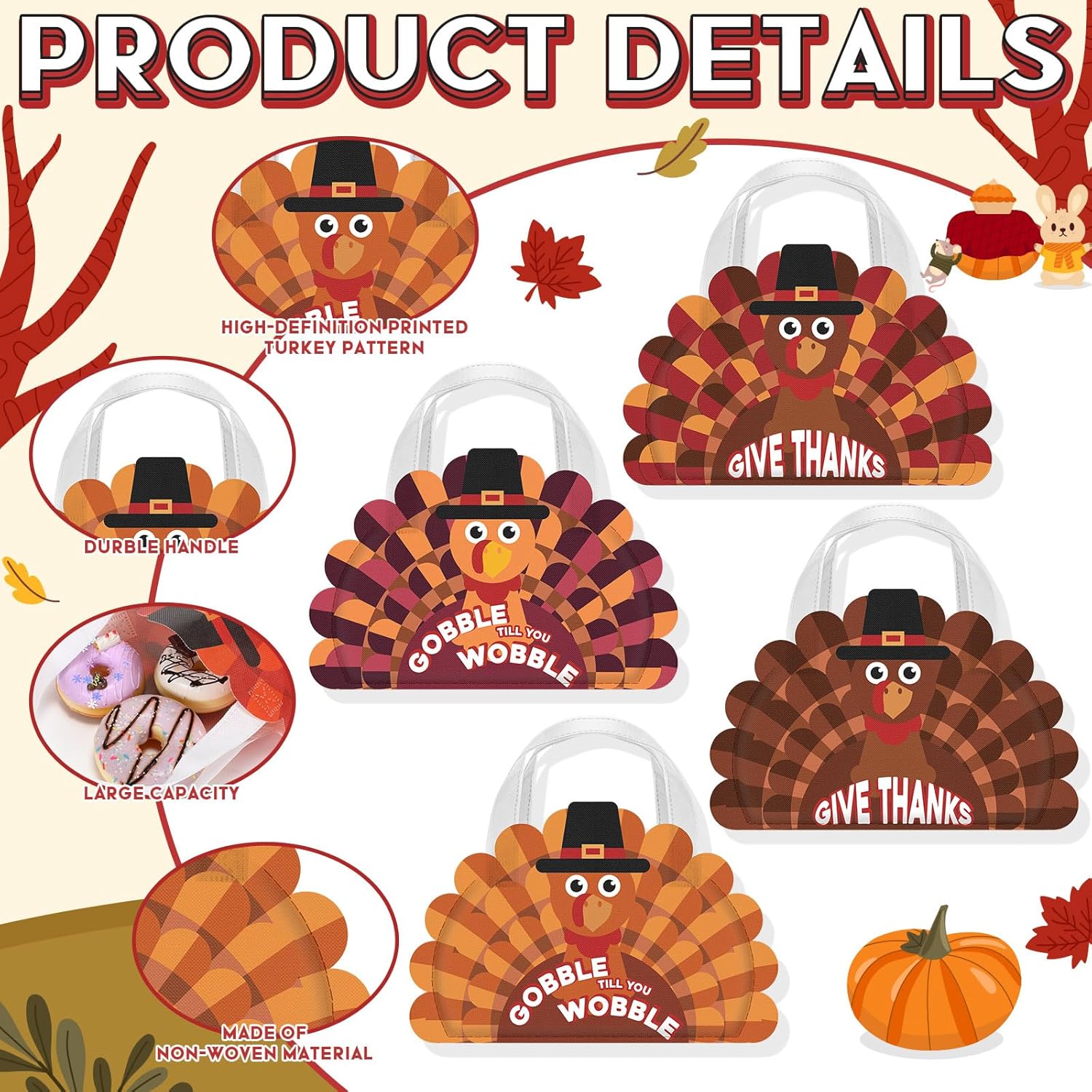 SilTriangle 24 Pcs Thanksgiving Non Woven Gift Bags with Handles Large Reusable Fall Treat Goodie Bags Bulk Autumn Candy Treat Tote for Thanksgiving Party Favor Supplies(Turkey,14.17 x 9.06 in) - Image 3