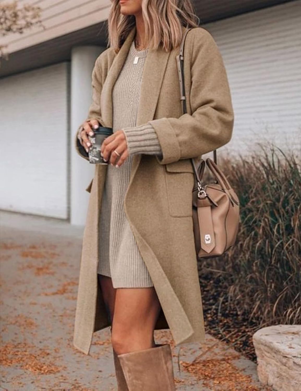 Hooever Women's Long Cardigan Wool Coat Open Front Pockets Warm Lapel Jacket Coat Fall Outerwear - Image 4