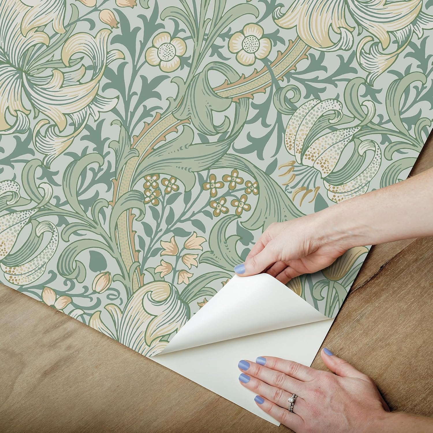 NuWallpaper x Morris & Co. Golden Lily Sea Glass Peel and Stick Wallpaper, MCS6599