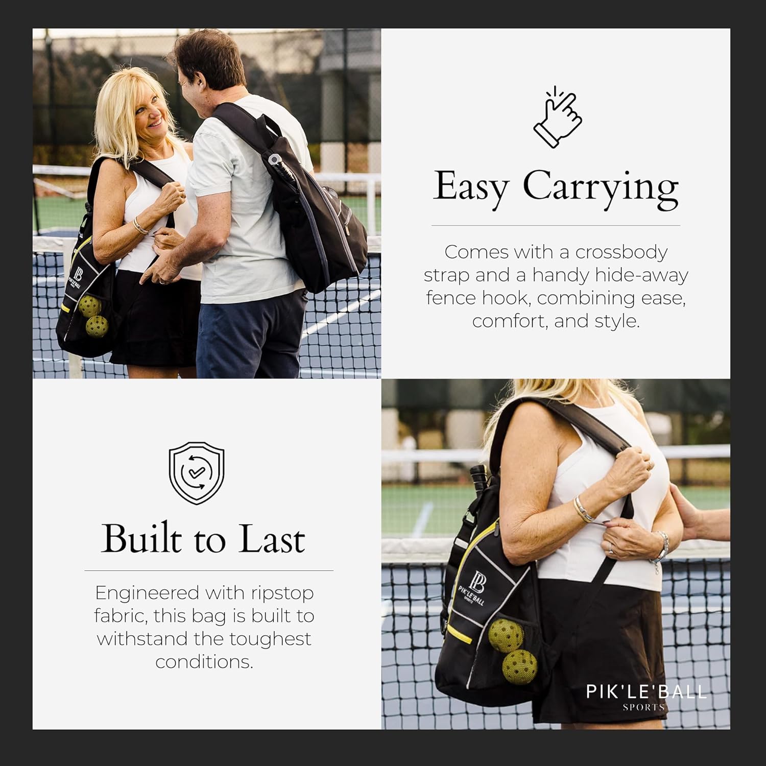Pik’le’Ball Sports Pickleball Sling Bag – Stylish, Waterproof & Lightweight Crossbody Bag for Men and Women, Pickleball Bag with Pickleball Paddles Pocket, Ball Holder, Adjustable Strap
