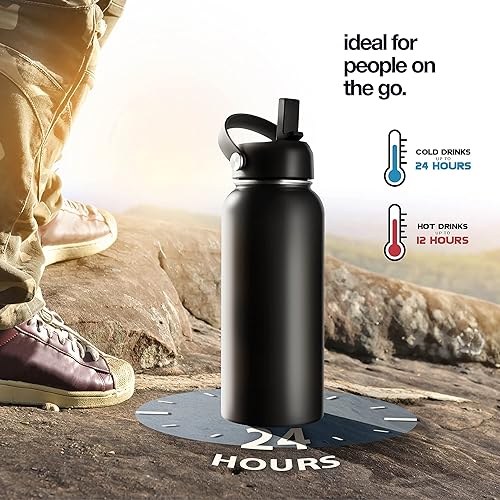 Miniatura 32 de Botella de agua aislada de acero inoxidable y taza de viaje para bebidas calientes y frías, boca ancha, botella de agua deportiva de hidratación