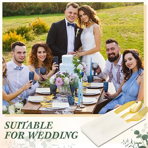 Miniatura 5 de Tioncy Juego de 100 cubiertos de plástico dorado con bolsillo integrado para cubiertos, desechables, 100 tenedores, cucharas, cuchillos y 100