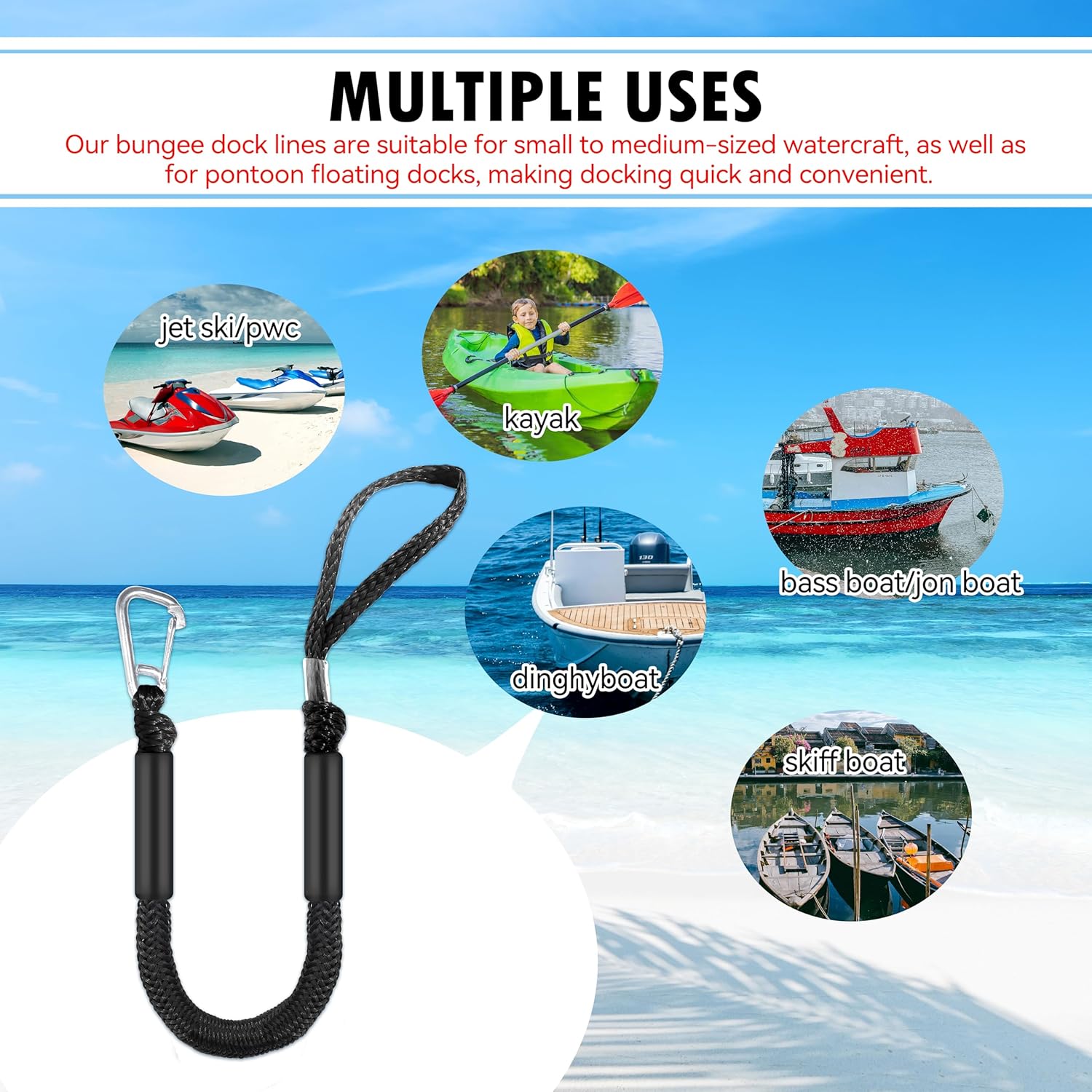 Bungee Dock Line with Stainless Steel Hook - Quick Release Elastic Mooring Rope for PWC, Kayak, Jet Ski | | No Knot Docking | Boat Fender Lines, 2.5 FT Pack of 2 (Stretches to 3.5 ft) (Black)
