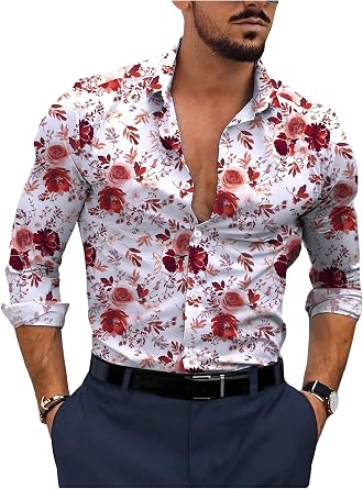 VIPWOLF Men's Floral Dress Shirts Flower Graphic Collared Long Sleeve Button Down Shirt