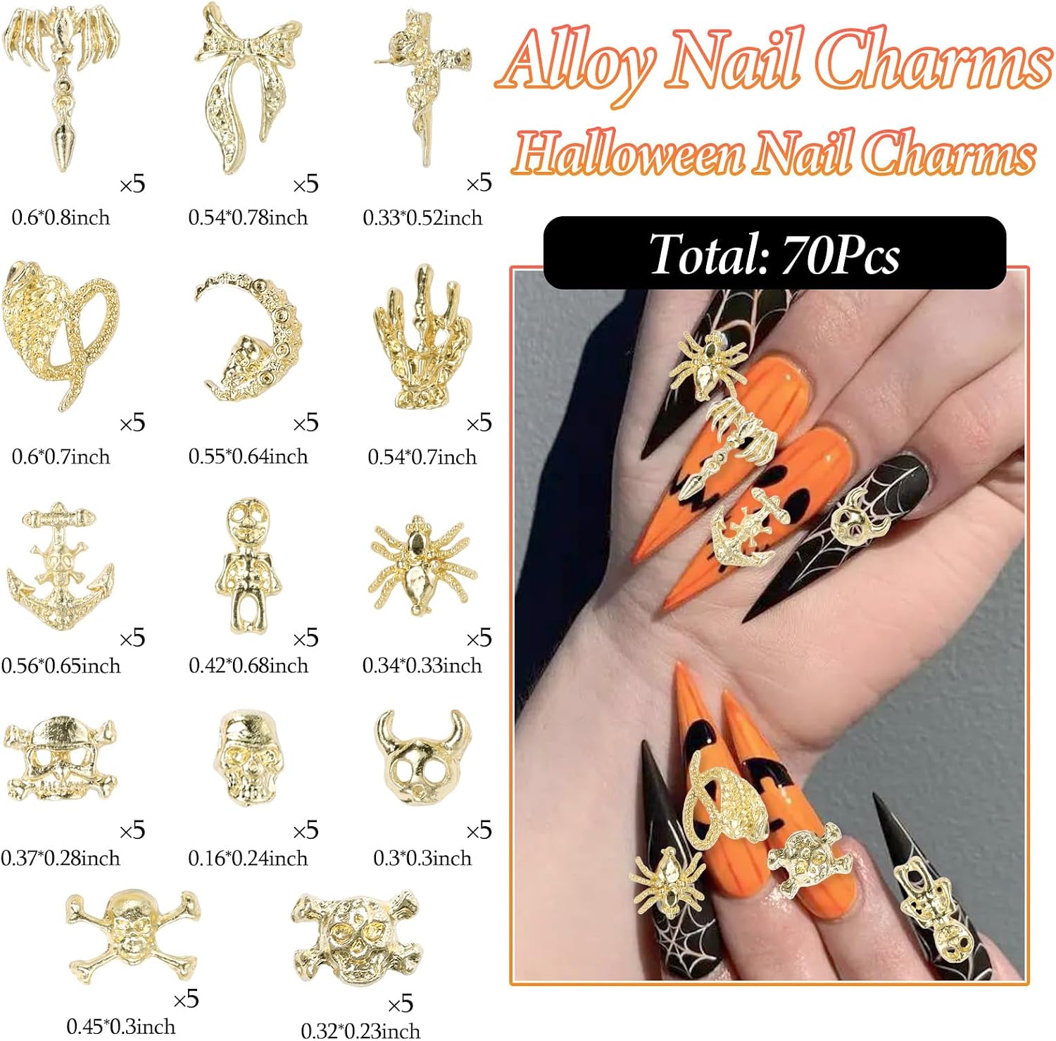 70 Pcs Halloween Nails Charms 3D Gold Cross Skull Nail Charms