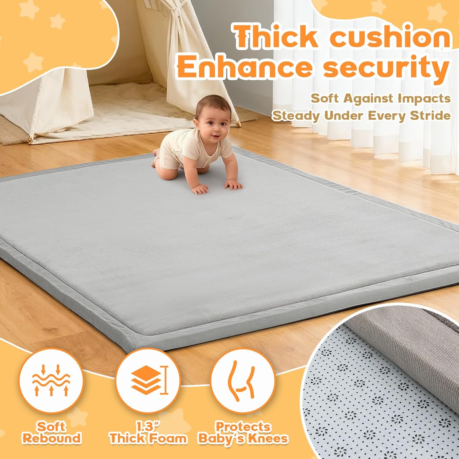Baby Play Mat for Floor,1.3" Thick Elasti-Foam Playpen Mat for Tummy Time, Easy Care with Non-Slip Cushioned for Infant,Kids and Toddler Crawling