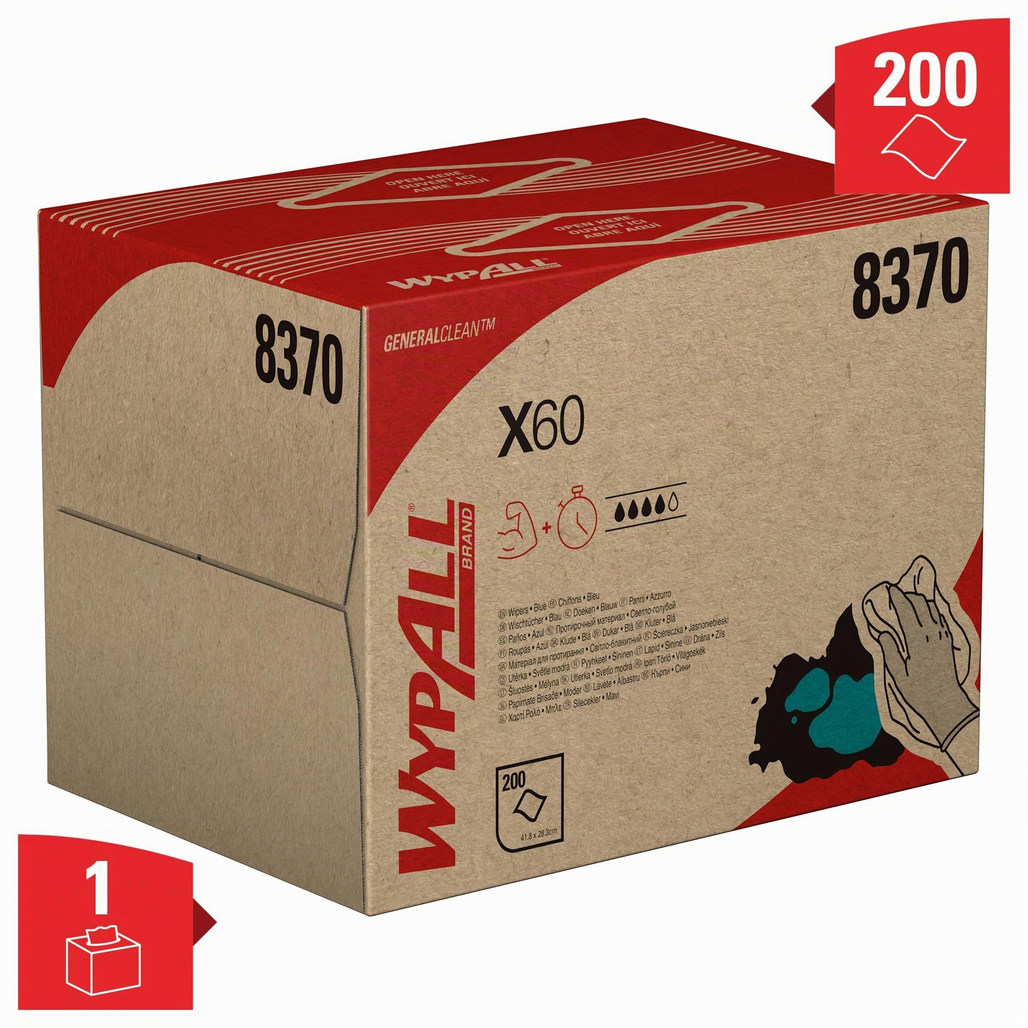 Chiffons WypAll X60 General Clean 8370 - Chiffons de nettoyage bleus - 1 boîte BRAG x 200 chiffons d'essuyage (200 au total)