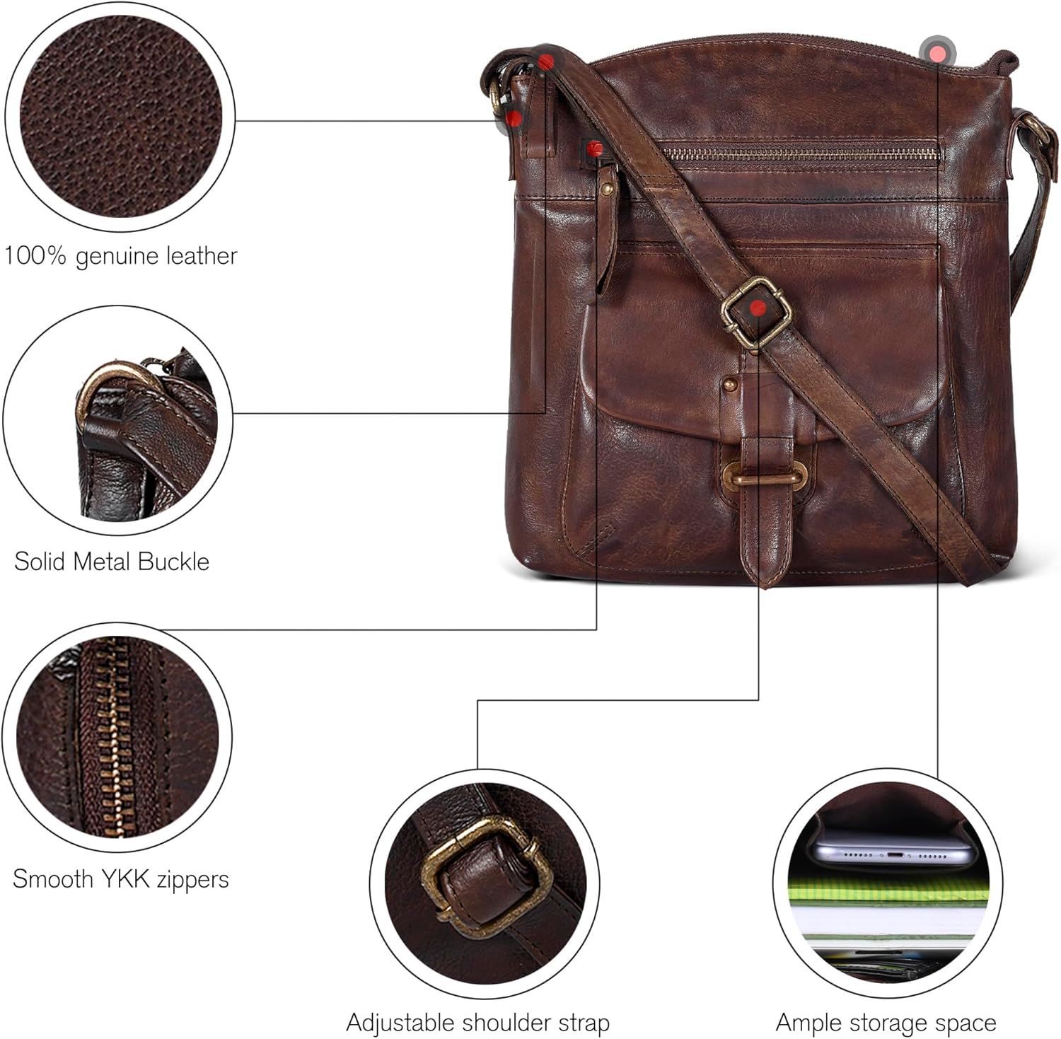 Oak Leathers Leather Crossbody Bag For Women With Adjustable Sling Strap - Medium Size Crossover Shoulder Handbag Purse - Image 6