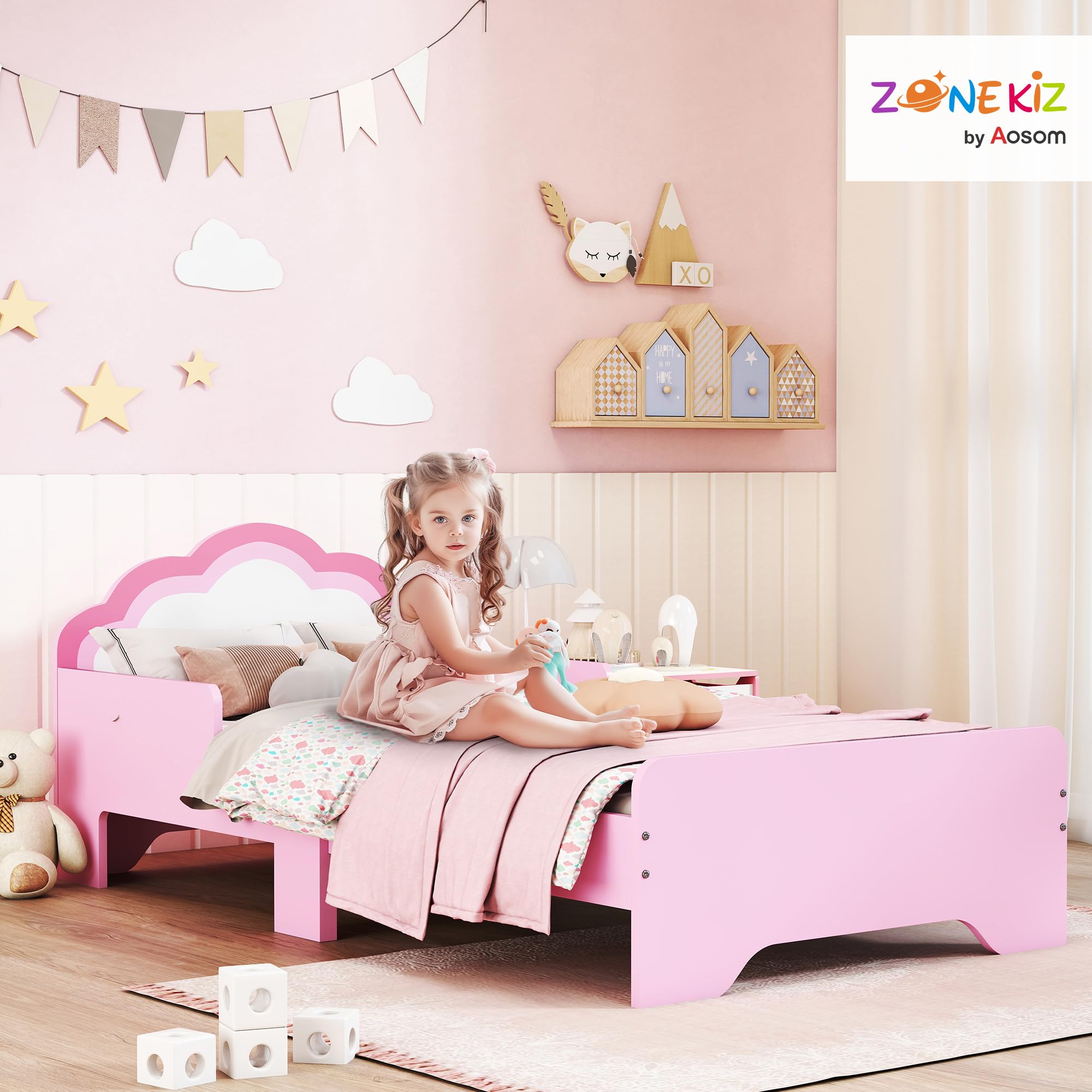 ZONEKIZ Cama Infantil 70x140 cm, Cama para Niños con Barrera Anticaídas y Somier, Cabecero en Forma de Nube, Rosa