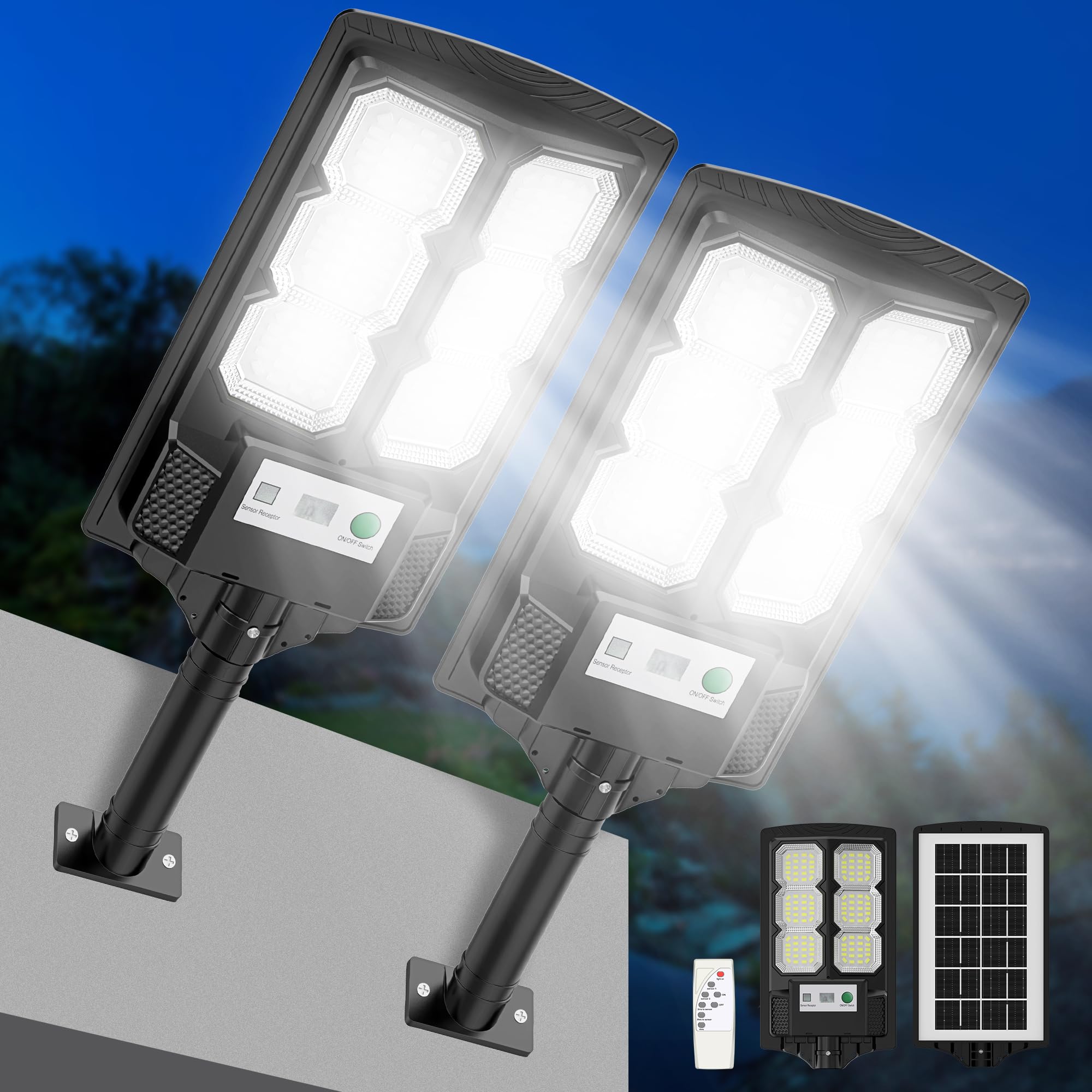 Solar Lights Outdoor Waterproof, Wide Angle Solar Flood Lights Outdoor Dusk to Dawn, Solar Street Lights Outdoor Motion Sensor with Remote, Super Bright LED Solar Security Lights for Yard 2-PACK