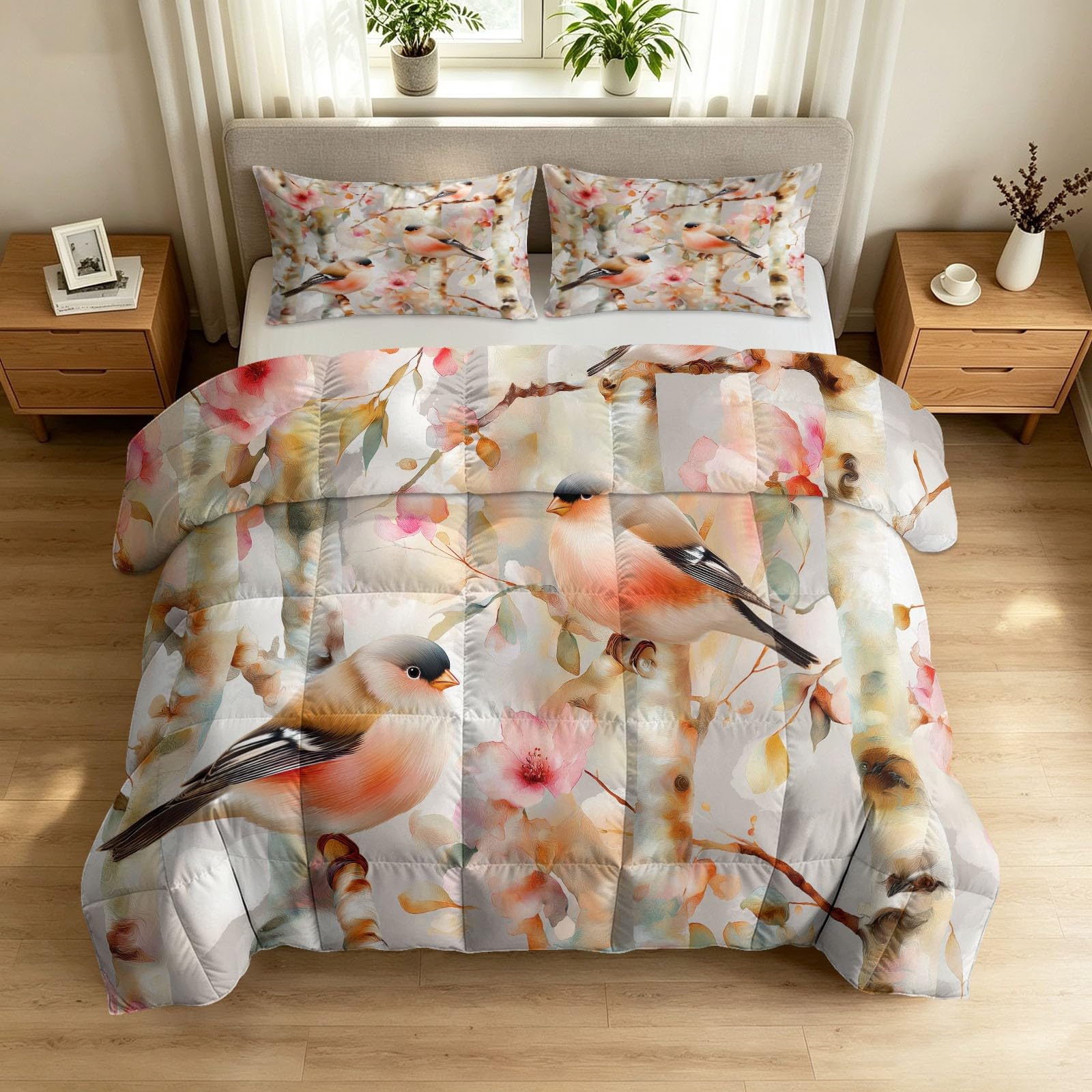 Edredón de 220 x 240 cm reversible en blanco bosque con dos fundas de almohada para todo el año