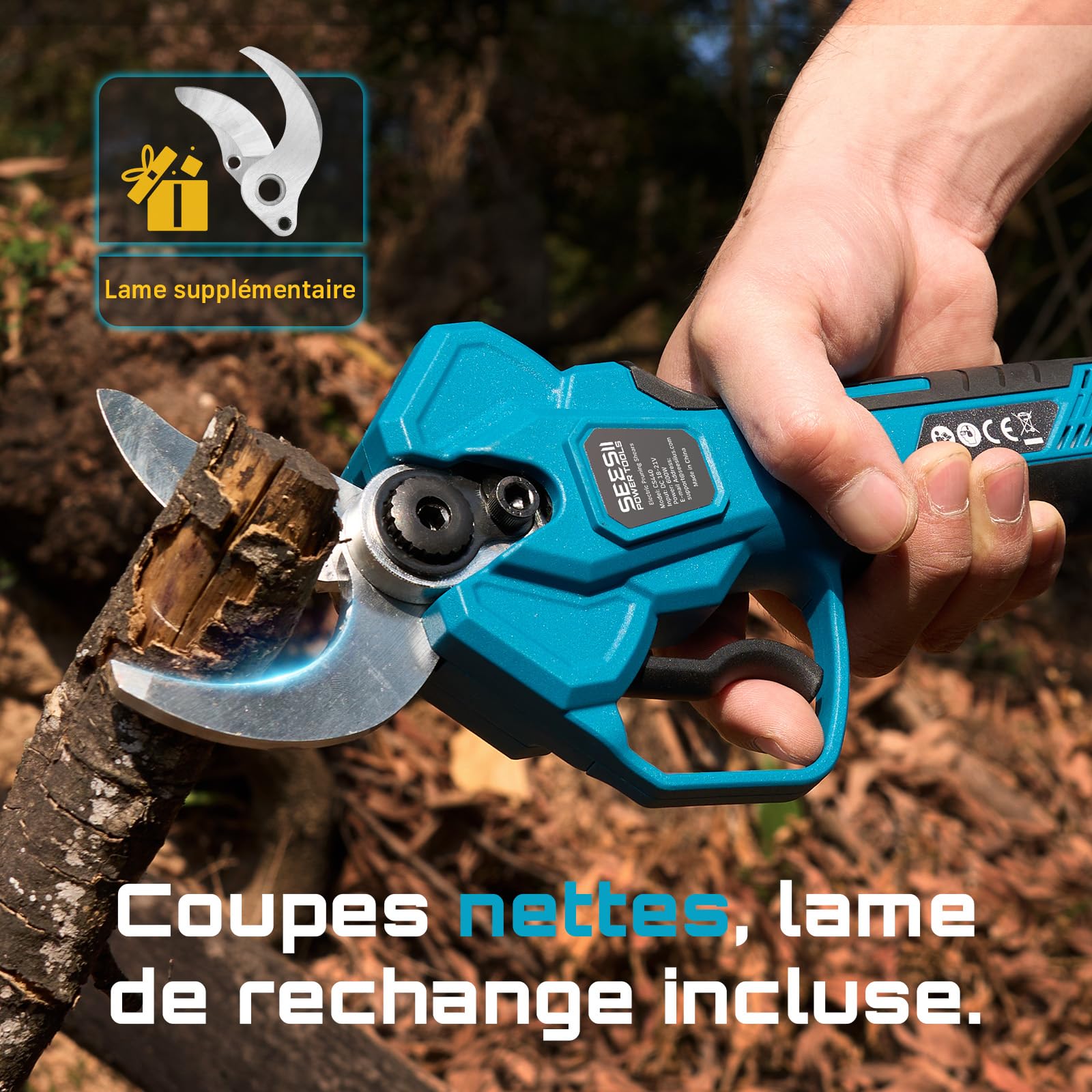 SEESII Sécateur Électrique Avec Perche, 2-en-1 Secateur Electrique Sans Fil Télescopique, Hauteur de Travail Jusqu’à 4,5 m (Base 1,8 m), Coupe 40 mm, 2× 4,0Ah Batteries, Lame SK5, Jardin/Arbres/Fleurs