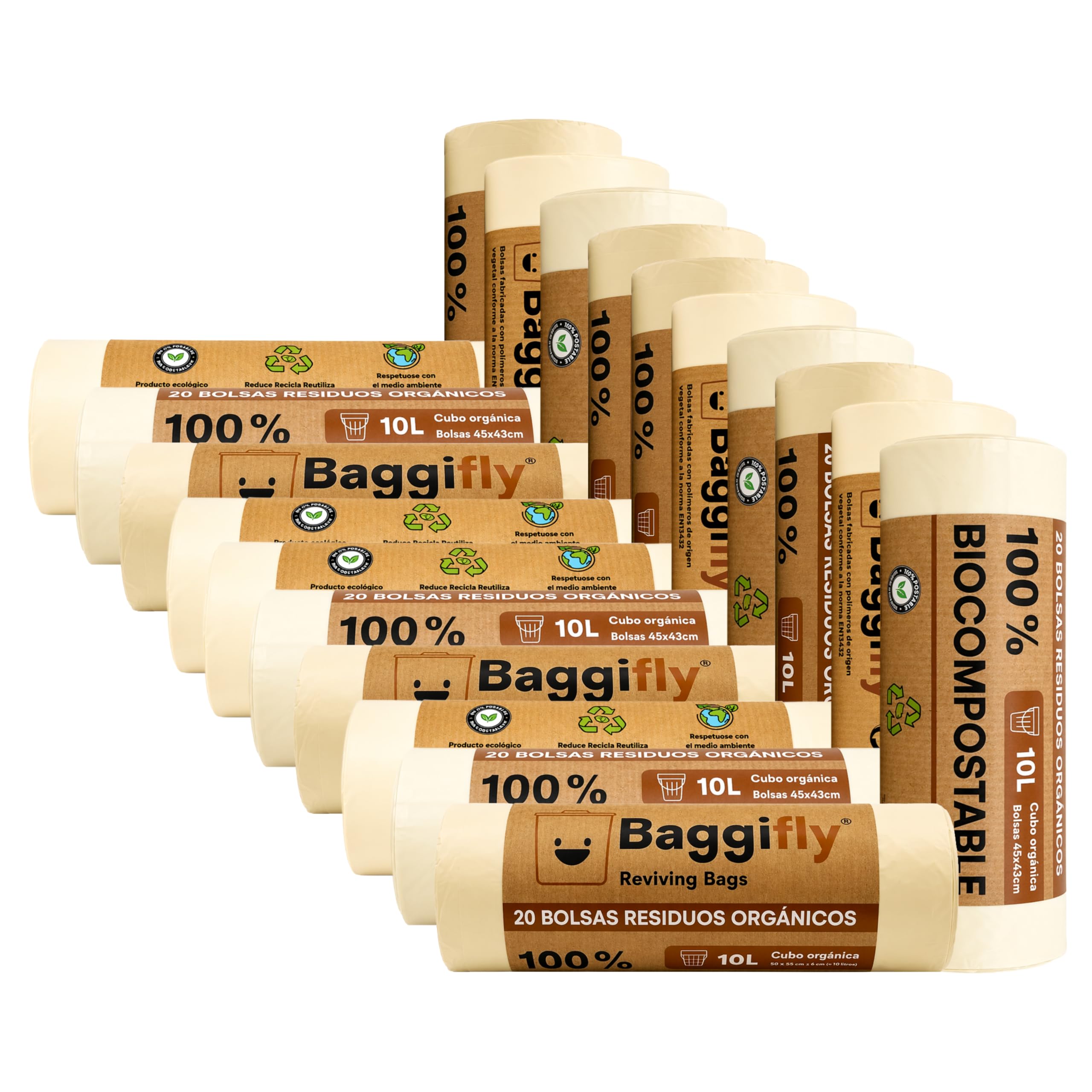 Baggifly, Bolsas de Basura Biodegradables 10L, 400 Bolsas Basura Compostables, ECO Friendly, Cubos Pequeños y Residuos Orgánicos, Pack 20 x 20, Fabricado en España