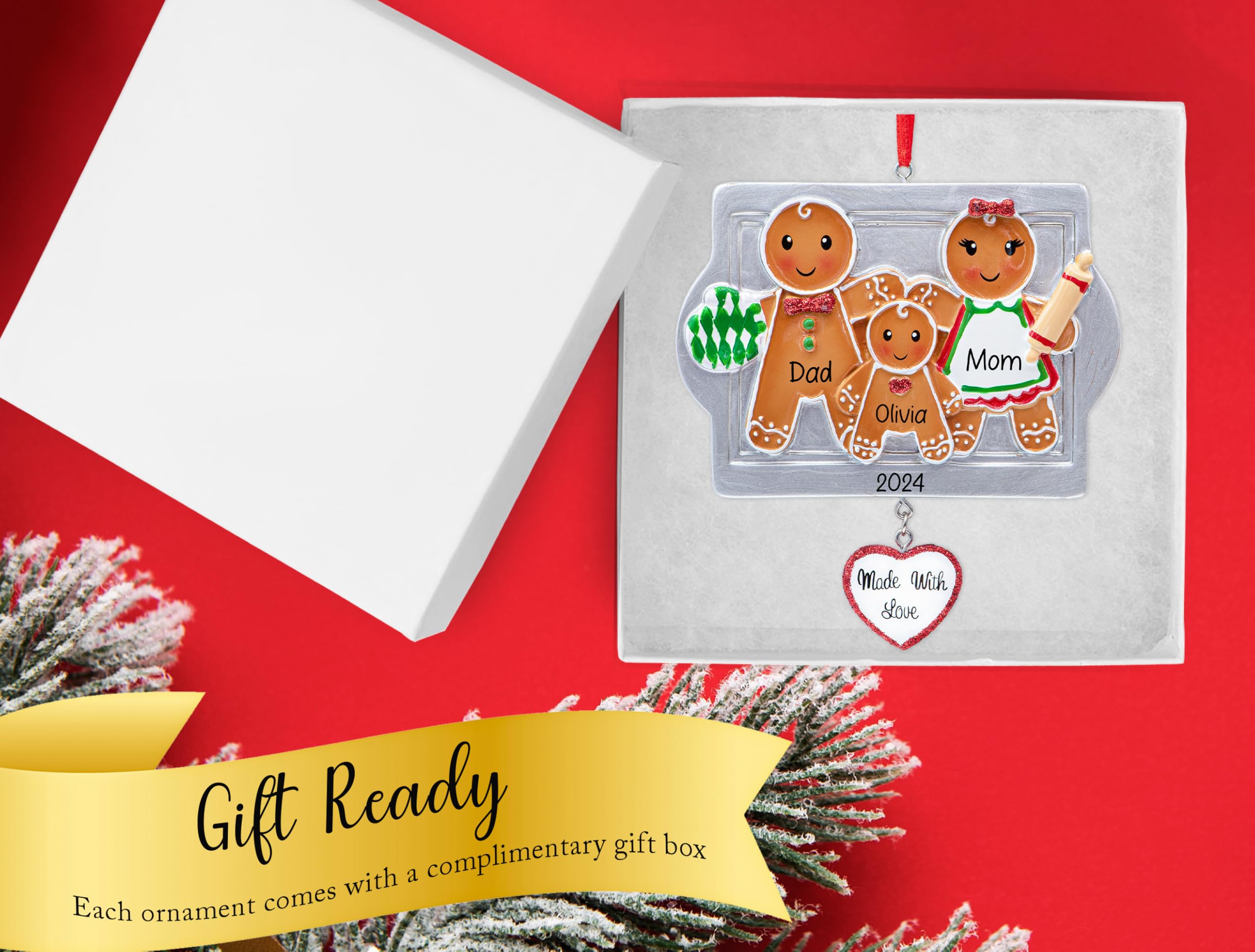 UniqXmas Personalized Made with Love Family of 3 Christmas Ornament 2025 | Gingerbread Cookies for Xmas Tree | New Parents Our First Christmas As Family of Three Keepsake - Custom Name & Year