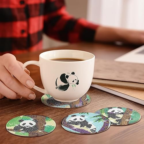 Miniatura 4 de Cumule Juego de 8 posavasos de pintura de diamante de panda con soporte, posavasos de diamante con bases de corcho para adultos, suministros de