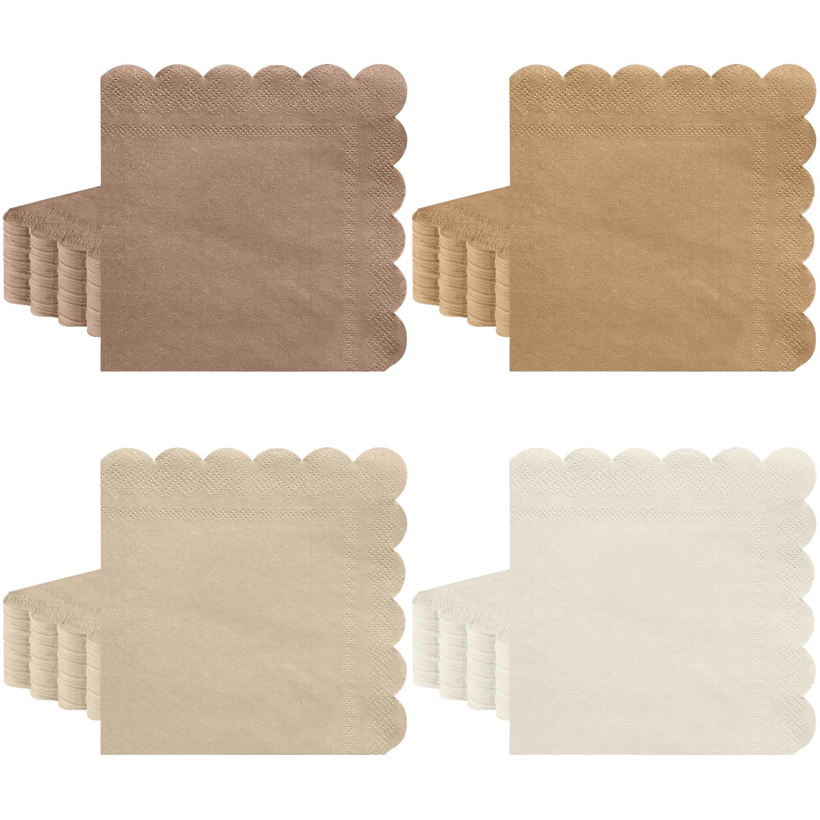120 Pack Boho Cocktail Napkins, 5 x 5 Inch Scalloped Gradient Brown Napkins Bridal Shower Decorations Beverage Dessert Napkin for Wedding, Birthday, Baby Shower