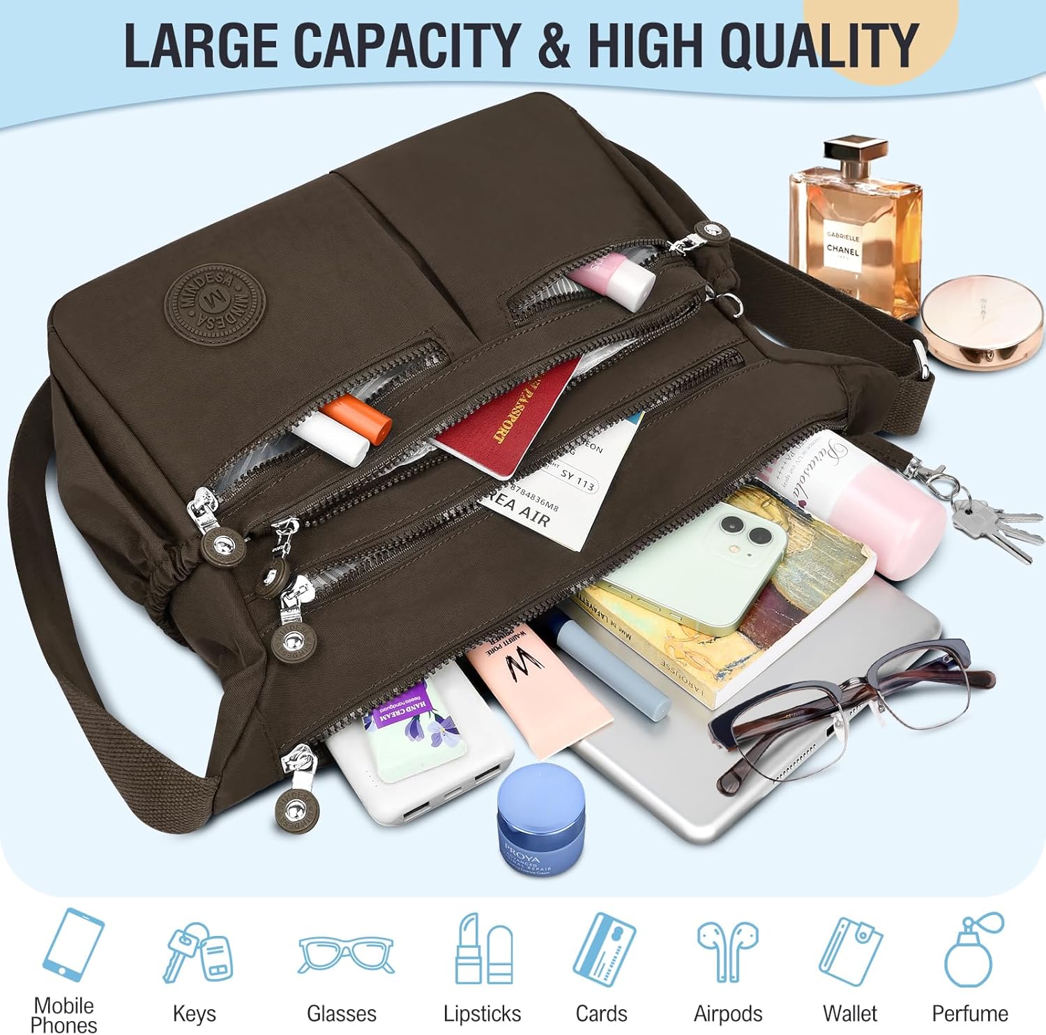Nylon Crossbody Bags for Women Waterproof Lightweight Large Travel Purses Multi-Pocket Pocketbooks Shoulder Bag