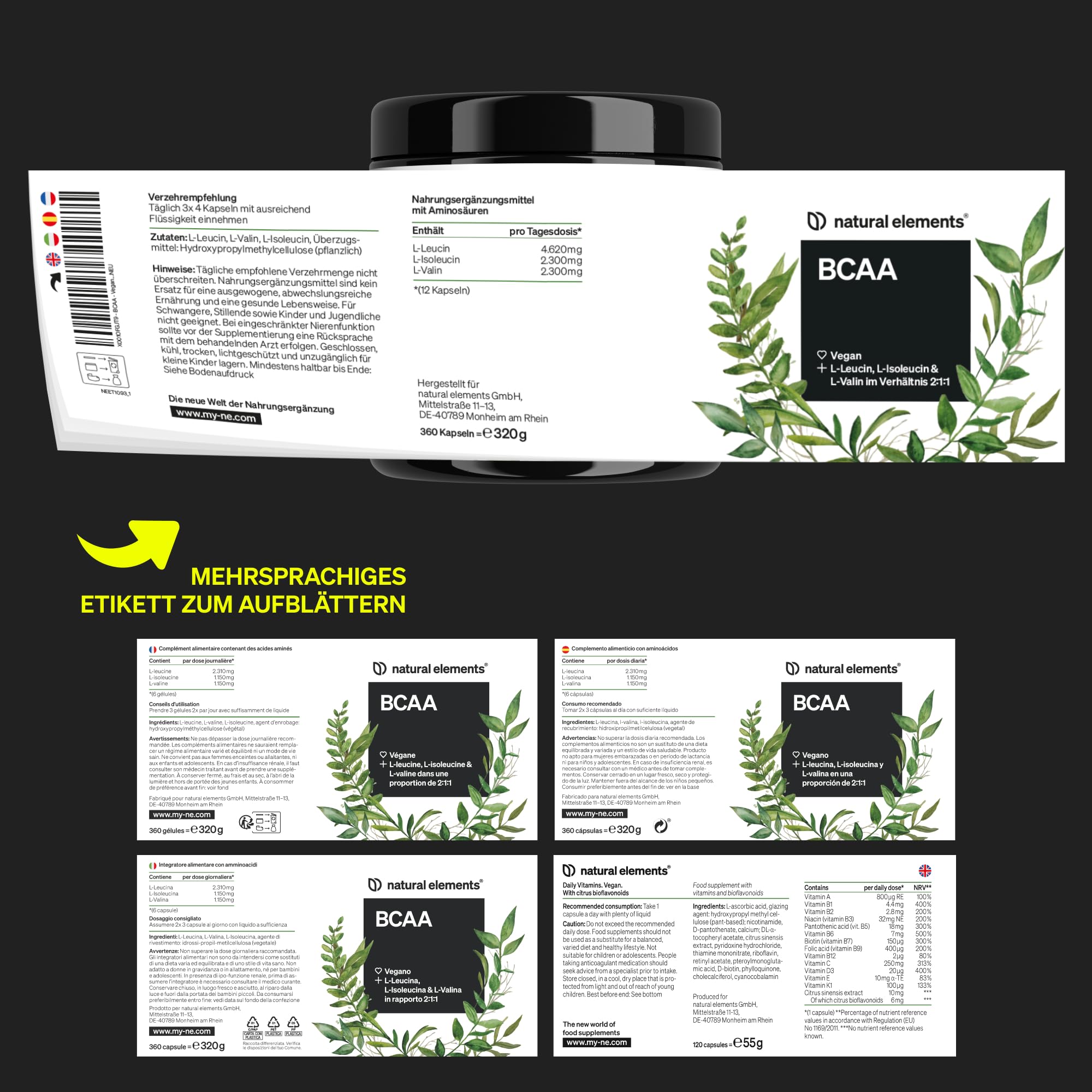 natural elements BCAA – 360 kleine Kapseln – essenzielle Aminosäuren – Leucin, Isoleucin & Valin – hoch bioverfügbares 2:1:1-Verhältnis – vegan, hochdosiert, ohne unnötige Zusätze, laborgeprüft