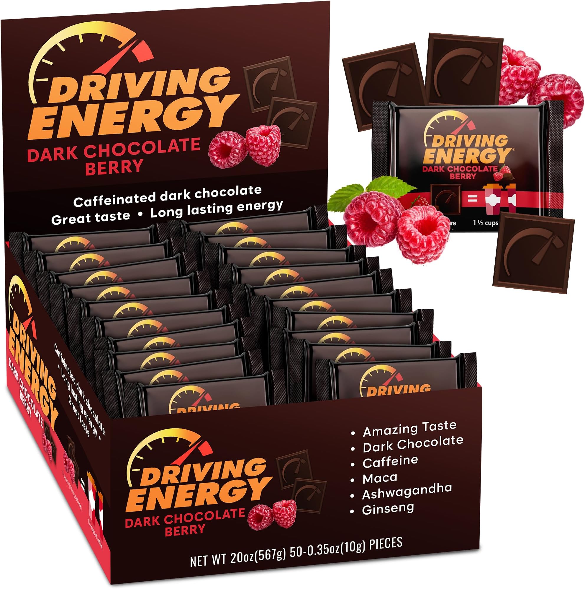 Driving Energy - Caffeinated Energy Bite Size - Dark Chocolate Berry Fuel with 150mg Caffeine - Long-Lasting for Gym, Workout, Adults - Great Taste - Low Carb - Healthy Snack - 50 Count