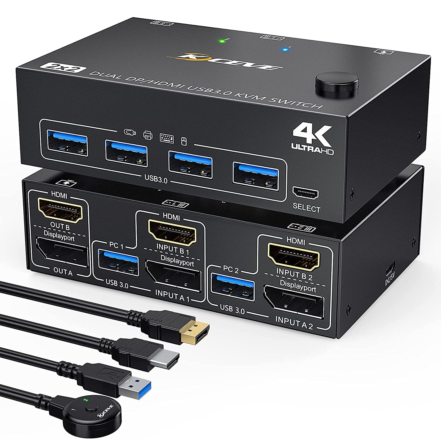 USB 3.0 KVM Switch 2 Monitors 2 Computers, Displayport + HDMI Dual