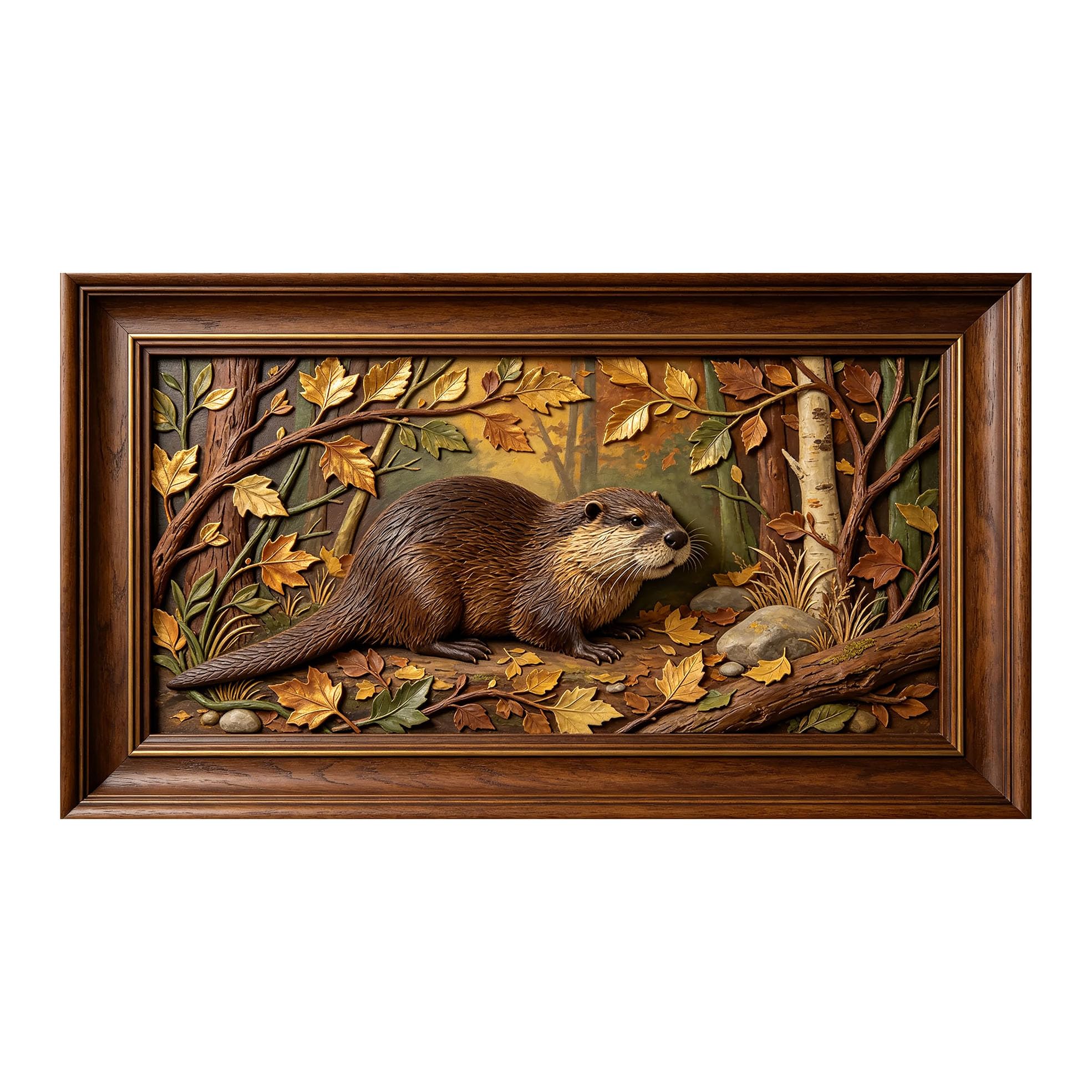 Yzpallescene 3D 3D Framed Wall Art 50cm×90cm Autumn Forest Wildlife Otter Relief Effect Large Size SelfAdhesive Removable Wall Decor Prints Artwork for Living Room Bedroom Office