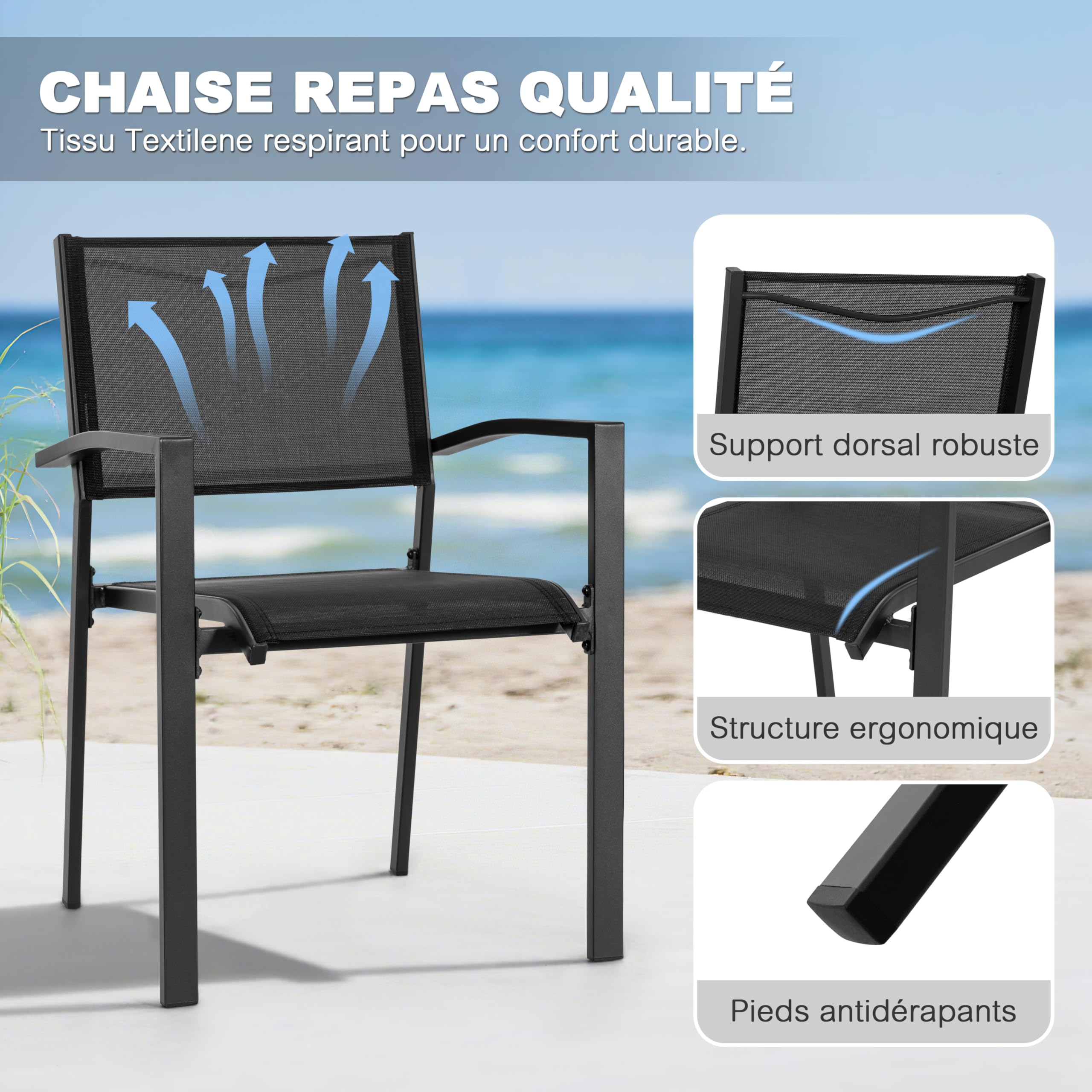 Avestar Ensemble de 2 Chaises de Jardin Extérieur en Textilène Respirant, Fauteuil, Chaises de Table de Jardin, Chaise Empilable pour Toutes Les Conditions Météorologiques, Noir
