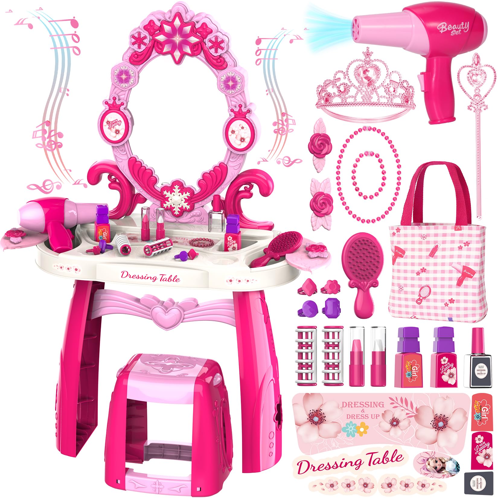changing table and chair set for toddlers, dressing table for girls with mirror lights and music, dressing toy with hair dryer, princess crown and wand and bag