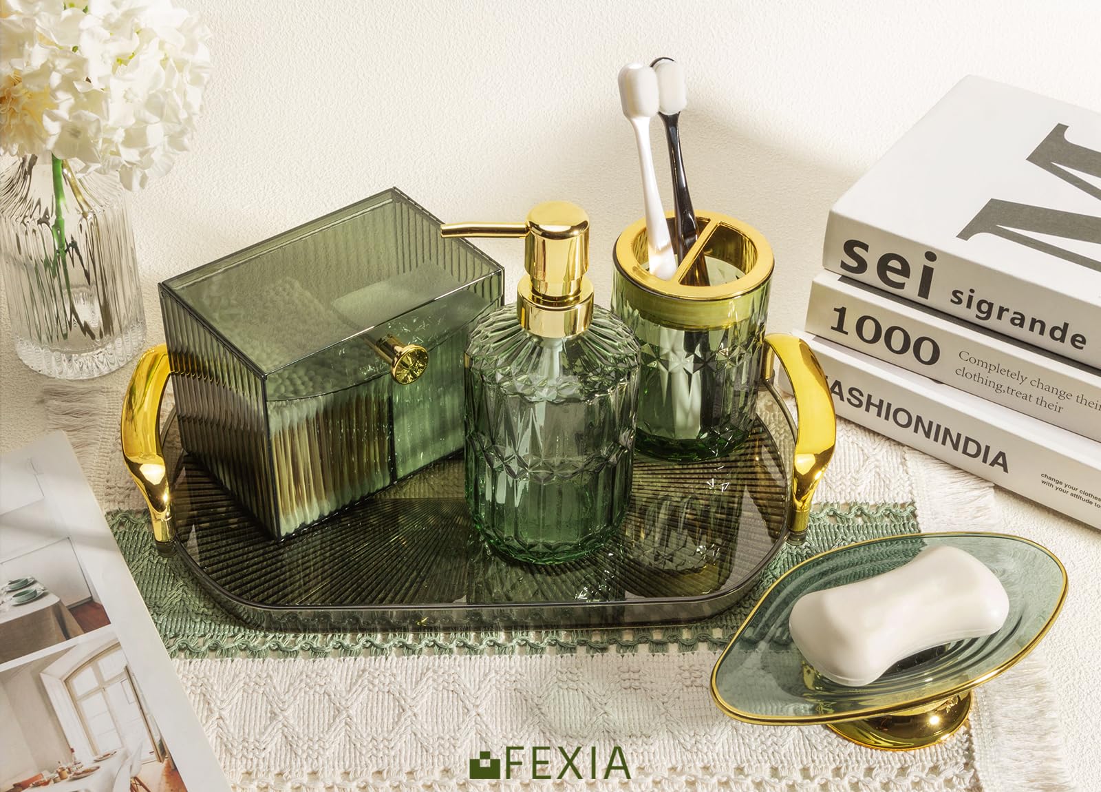 Juego de accesorios de baño verdes, 5 piezas, decoración de baño verde con bandeja de tocador decorativa para decoración de baño bohemia, dispensador de jabón, soporte para cepillos de dientes 7