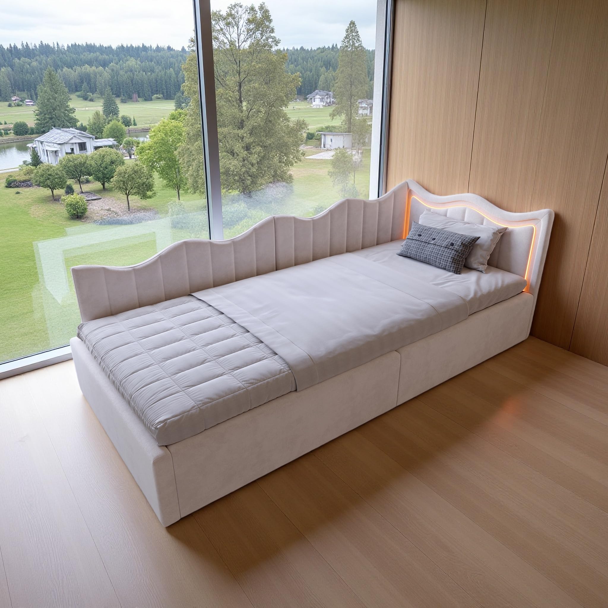 Hydraulisches Schlafsofa 90x200 cm, Kinderbett mit Stauraum und LED-Beleuchtung, Schlafsofa mit gewelltem Kopfteil, Einzelbett, Jugendbett, Cremeweißer Samt