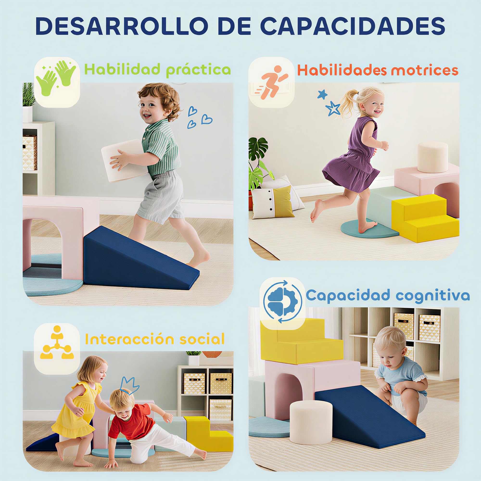 AIYAPLAY Juego de 8 Bloques de Espuma para Niños Escalar Gatear Multicolor | Bloques de Psicomotricidad, Fundas de Terciopelo Desmontables, Set de Escalada Interior